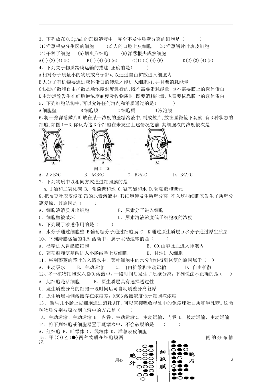 高中生物《物质的跨膜运输》学案2 苏教版必修1_第3页