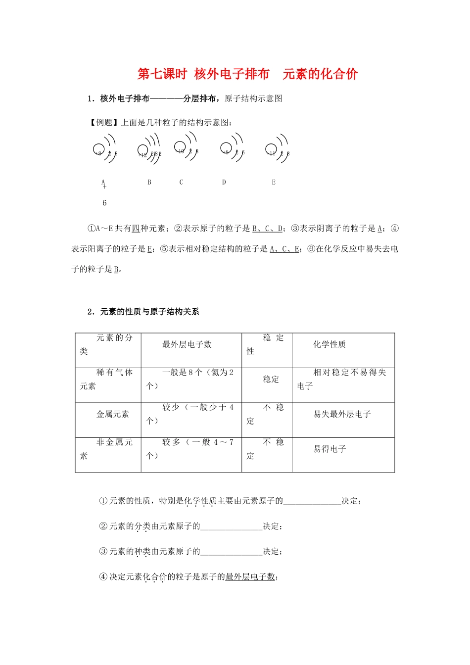 九年级化学复习学案《第七课时 核外电子排布 元素的化合价》.人教版_第1页