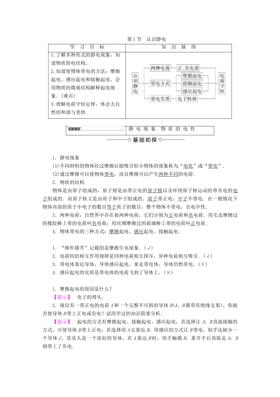 高中物理 第1章 静电与静电场 第1节 认识静电学案 鲁科版选修1-1-鲁科版高二选修1-1物理学案_第1页