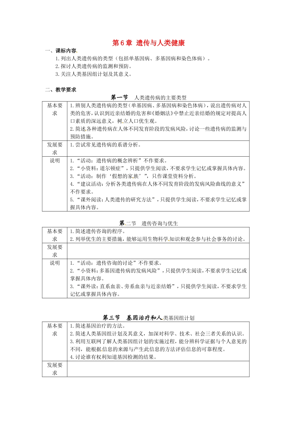 高中生物： 第6章 遗传与人类健康（学案）浙科版必修2_第1页