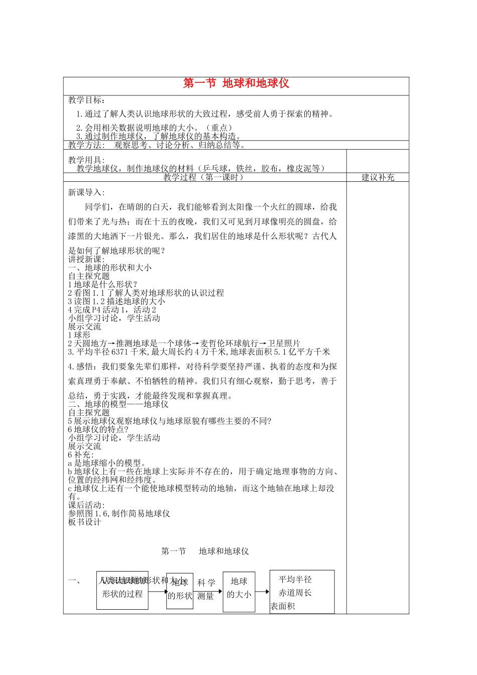 2013年秋七年级地理上册 第一章 地球和地图 第一节 地球和地球仪名师教案 （新版）新人教版_第1页