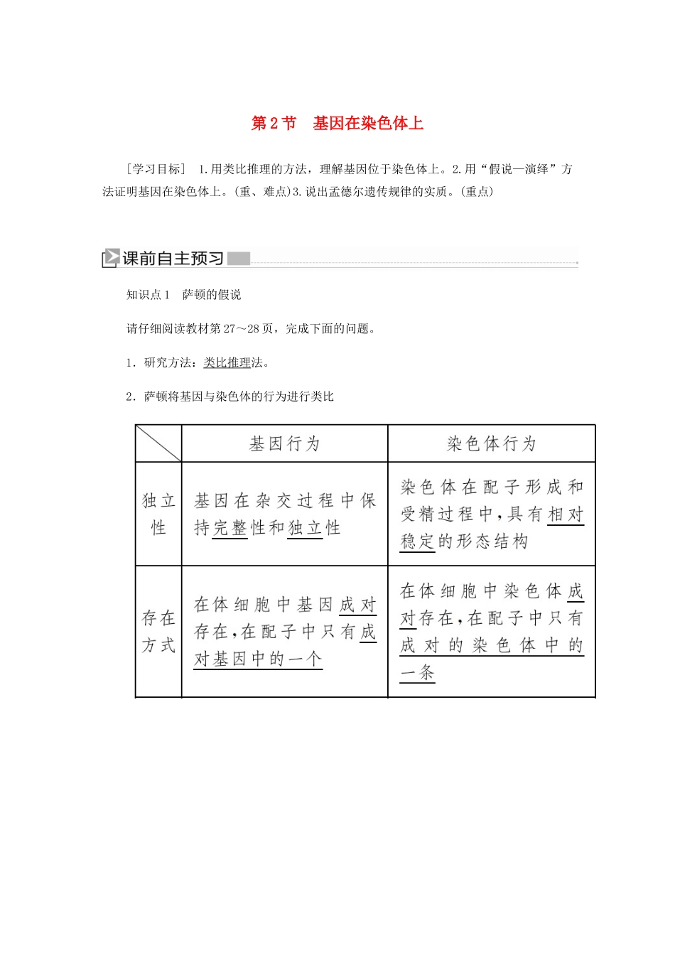 高中生物 第二章 基因和染色体的关系 2 基因在染色体上学案 新人教版必修2-新人教版高一必修2生物学案_第1页