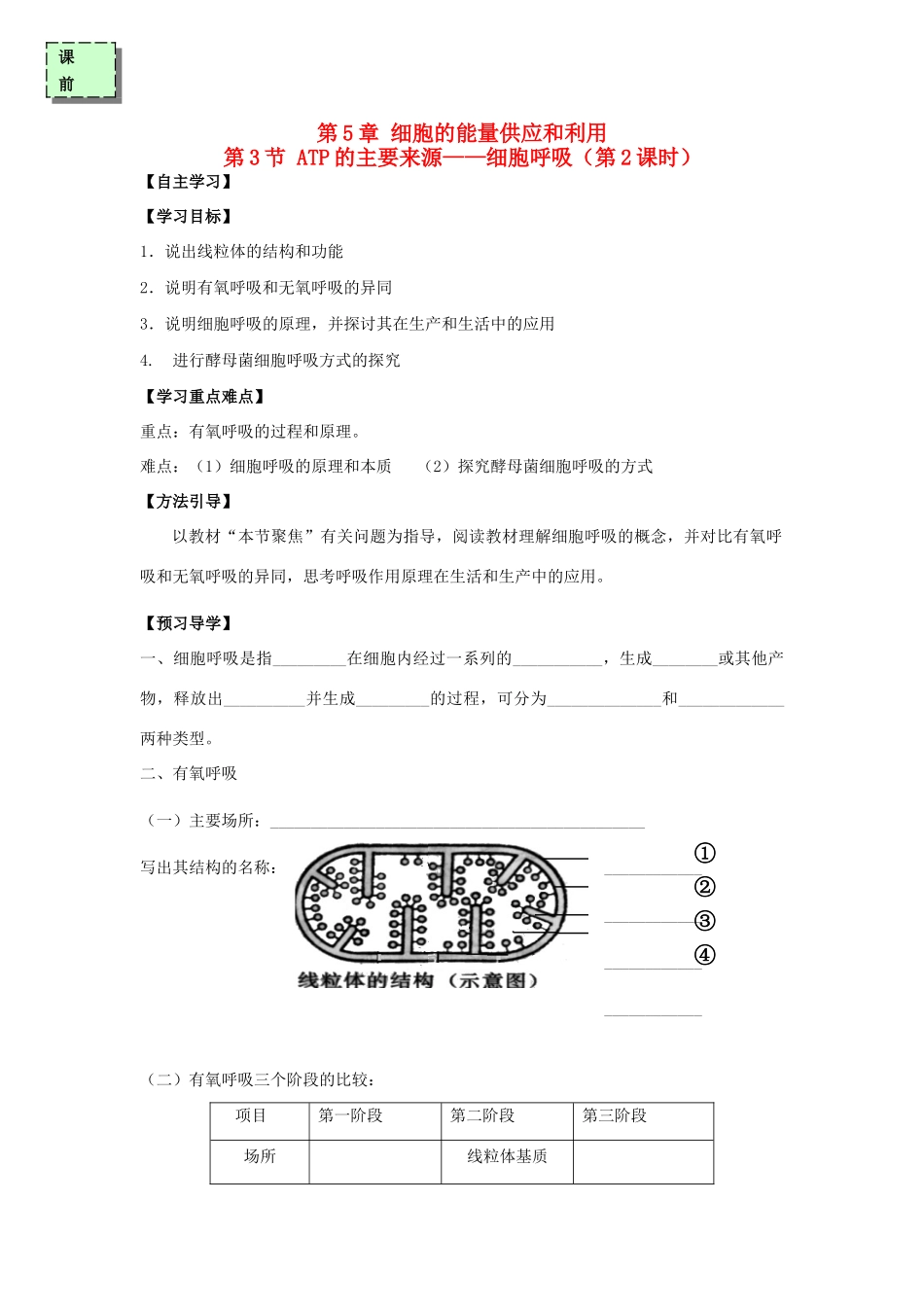 高中生物 第五章 细胞的能量供应和利用 5.3 ATP的主要来源——细胞呼吸（第2课时）学案 新人教版必修1-新人教版高一必修1生物学案_第1页