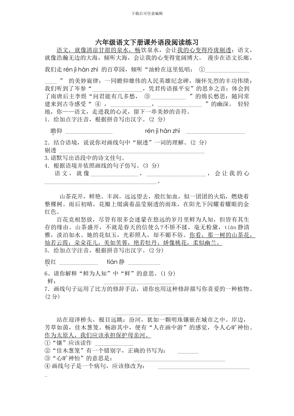 小学语文六年级下册课外语段阅读练习_第1页
