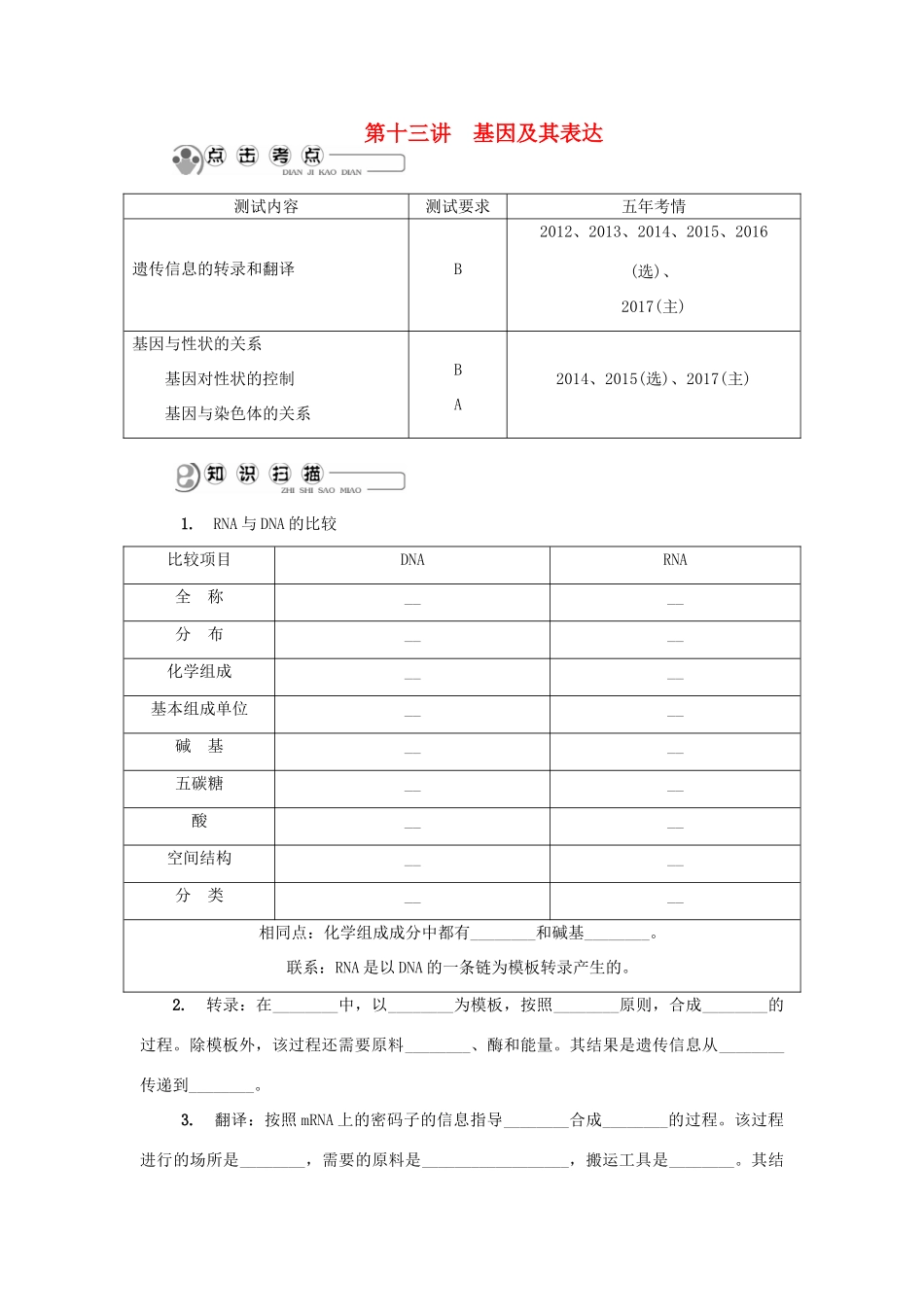 高中生物 第十三讲 基因及其表达学案 苏教版必修2-苏教版高二必修2生物学案_第1页