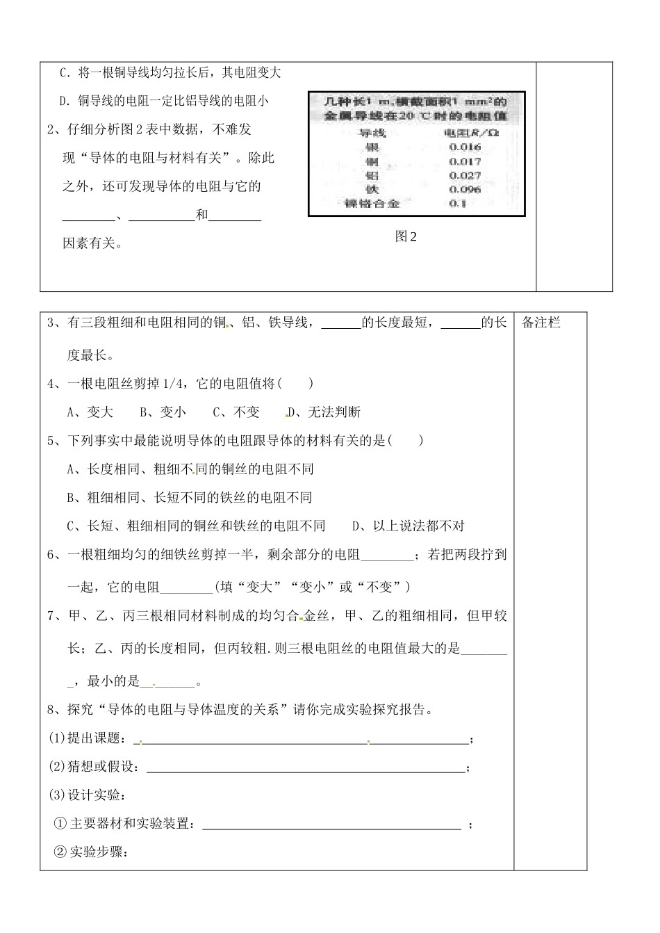 八年级物理下册《6.3电阻》学案（3） （无答案） 人教新课标版_第2页