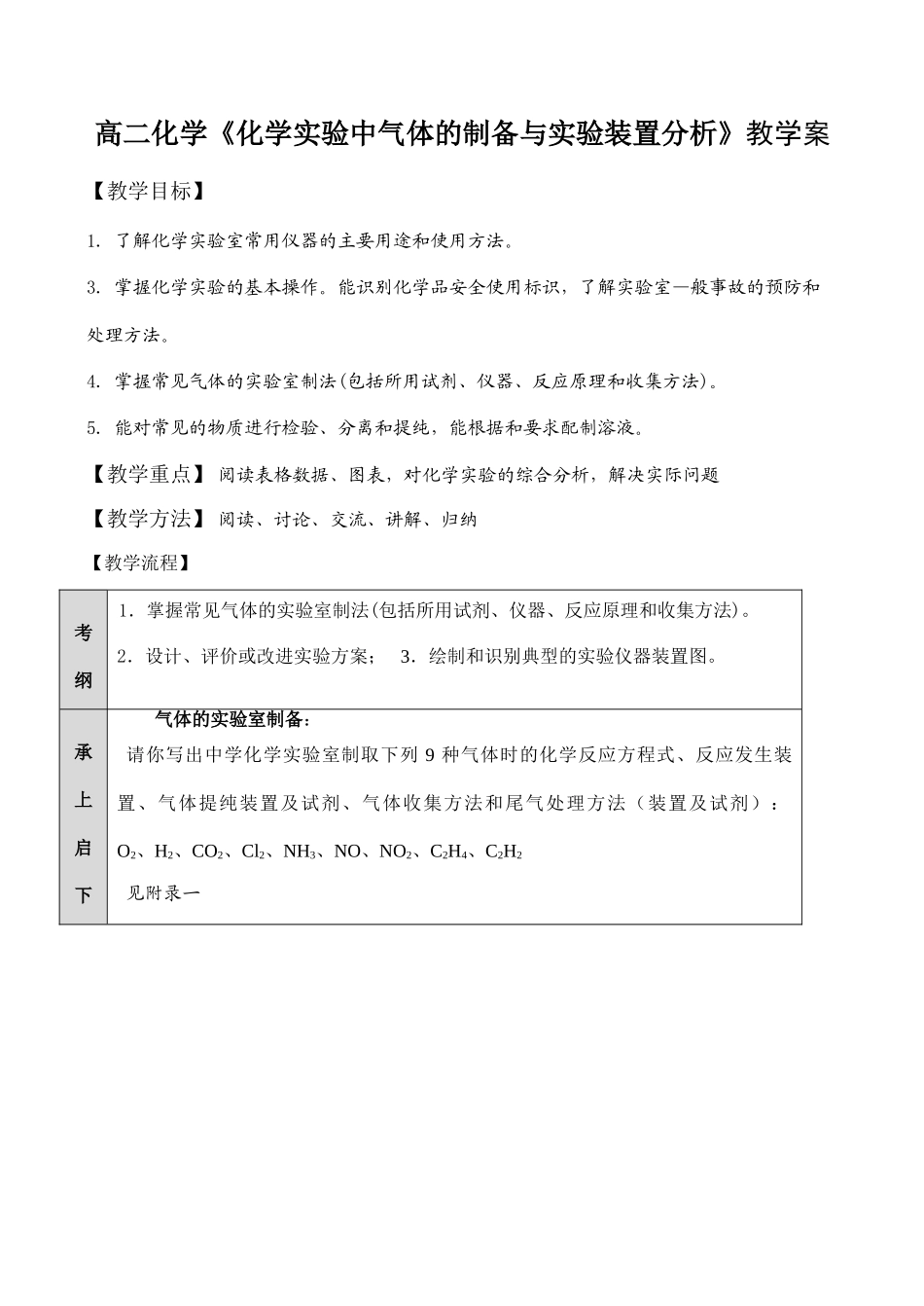 高二化学《化学实验中气体的制备与实验装置分析》教学案_第1页