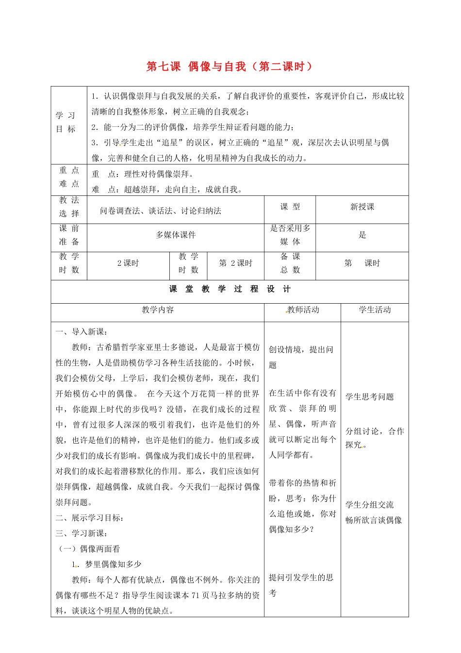 甘肃省瓜州县第二中学八年级政治上册 第七课 偶像与自我（第二课时）学案（无答案） 教科版_第1页