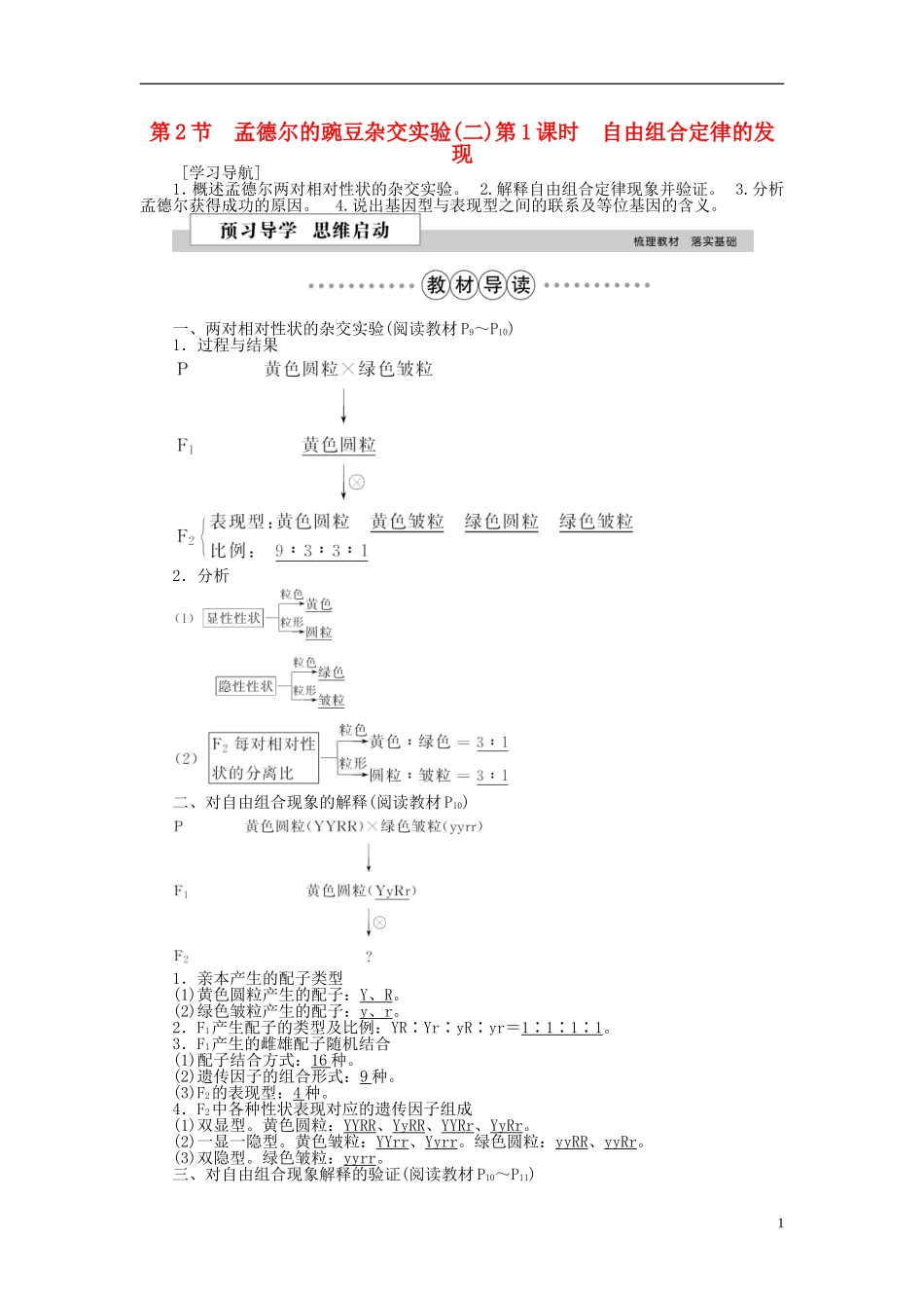 高中生物 第一章 遗传因子的发现 第2节 孟德尔的豌豆杂交实验（二）（第1课时）自由组合定律的发现学案 新人教版必修2-新人教版高一必修2生物学案_第1页