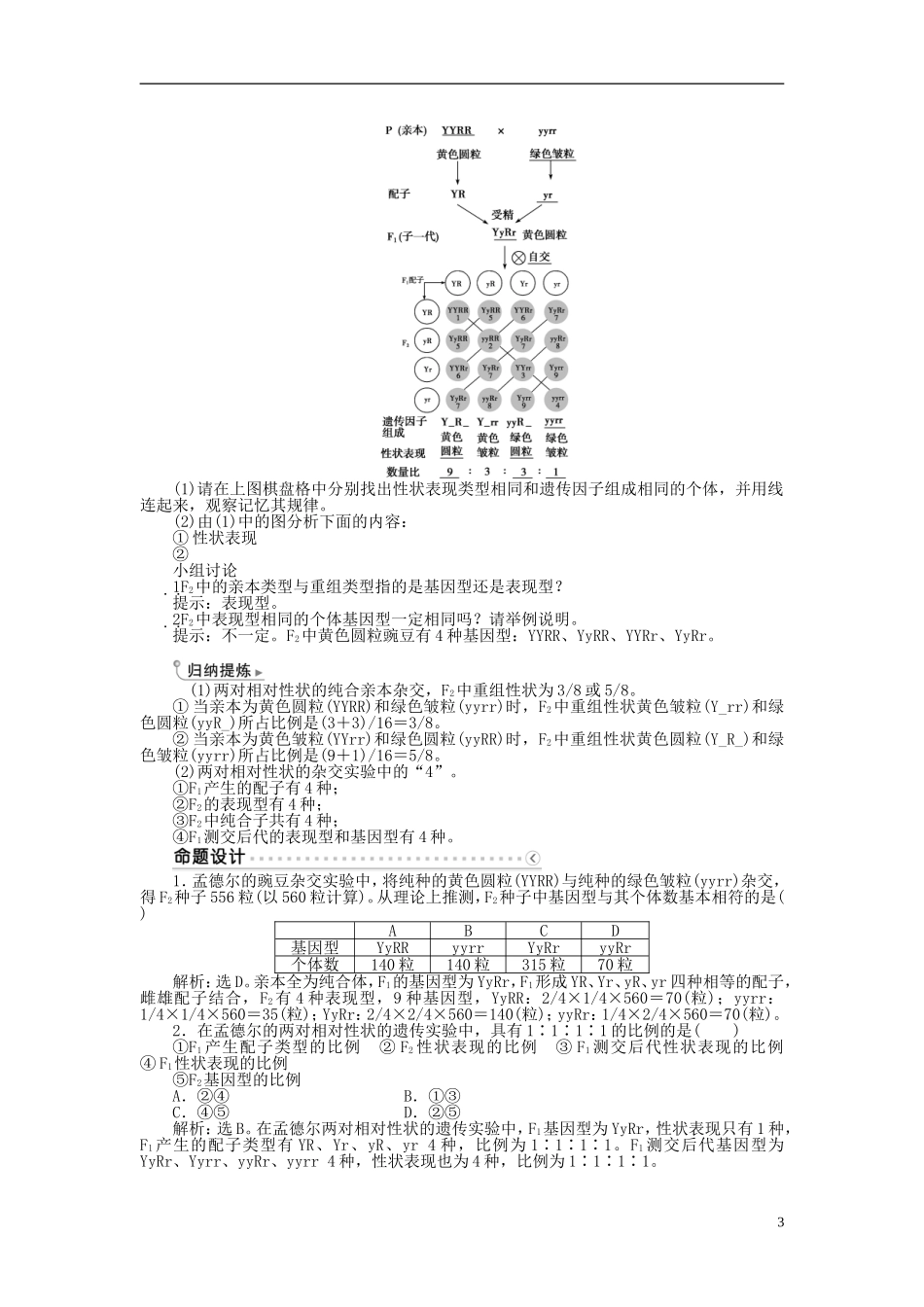 高中生物 第一章 遗传因子的发现 第2节 孟德尔的豌豆杂交实验（二）（第1课时）自由组合定律的发现学案 新人教版必修2-新人教版高一必修2生物学案_第3页