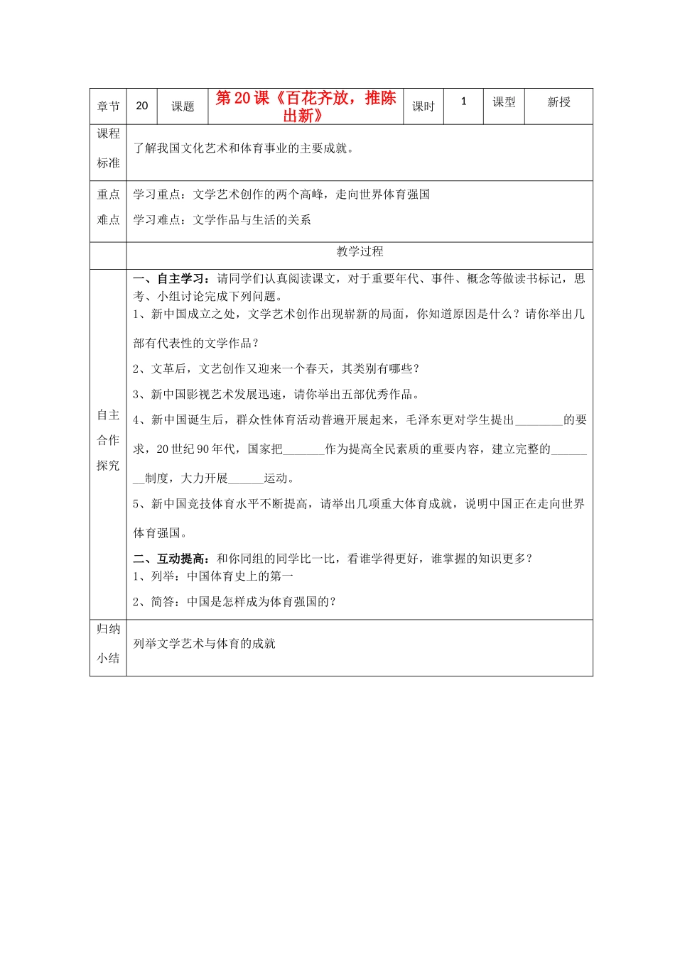 江苏省南京市谷里初级中学八年级历史下册 第20课《百花齐放，推陈出新》学案 新人教版_第1页
