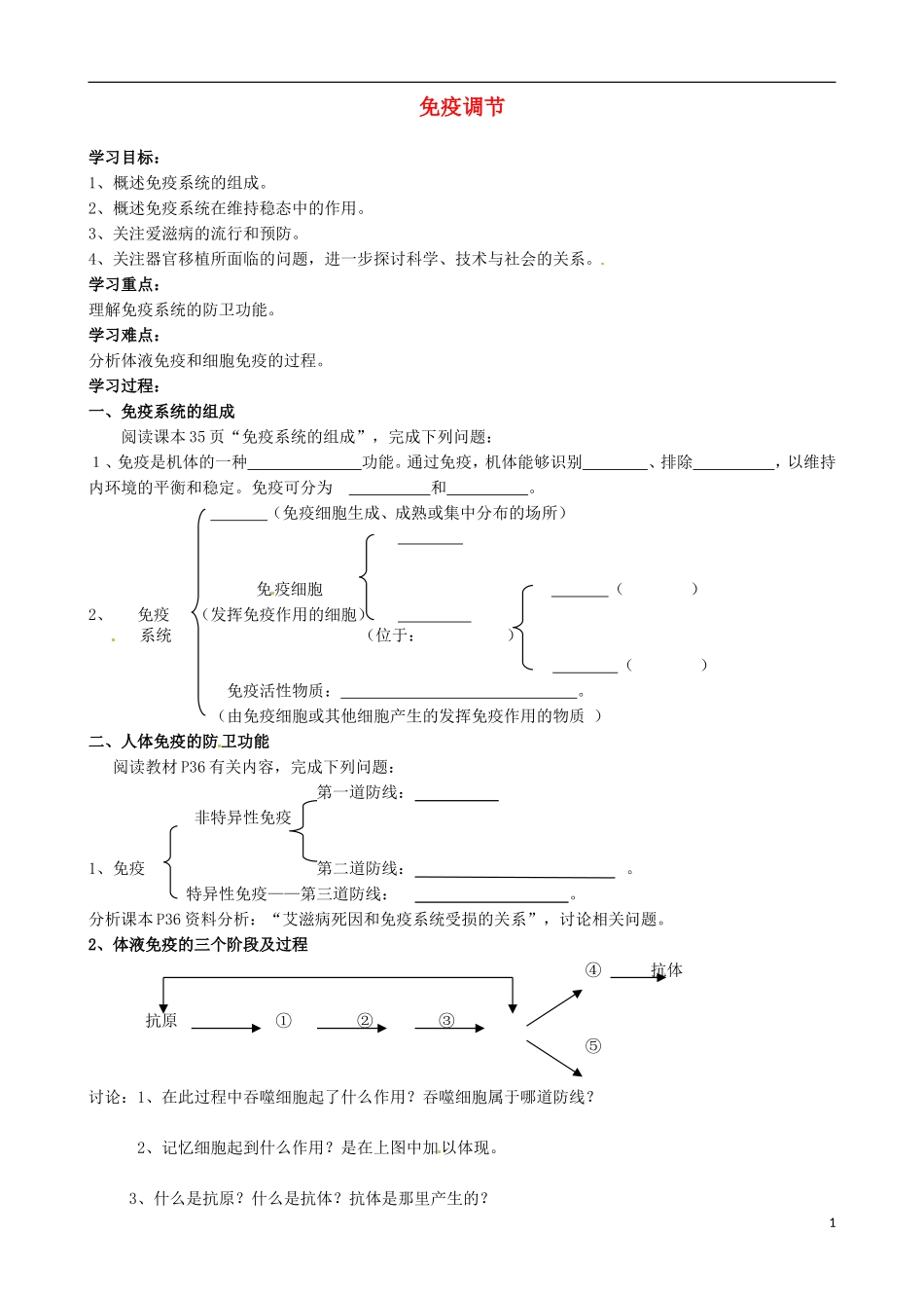 高中生物《2.4 免疫调节》预习导学案 新人教版必修3-新人教版高二必修3生物学案_第1页