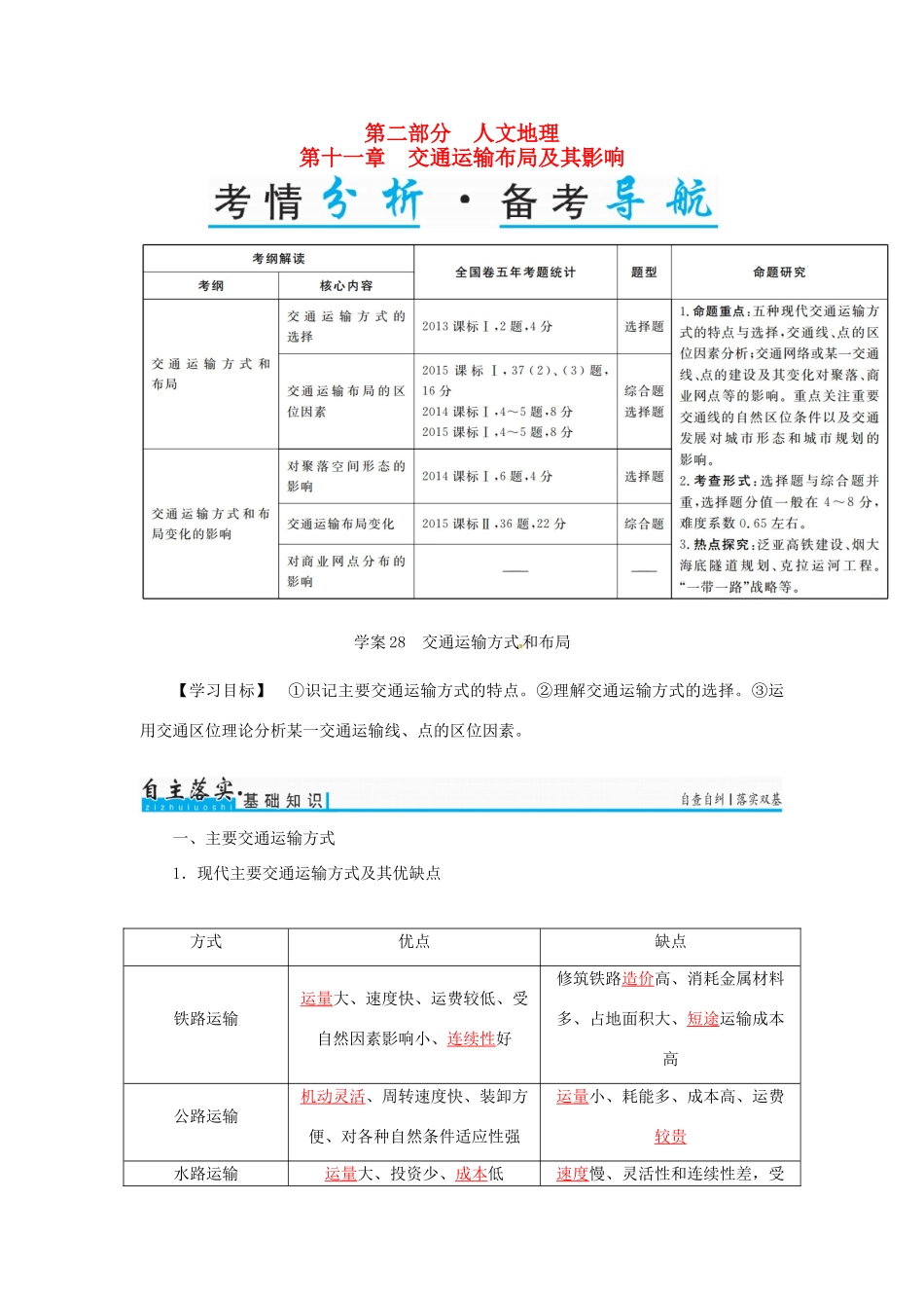 高考地理一轮复习 第二部分 人文地理 第11章 交通运输布局及其影响 28 交通运输方式和布局学案-人教版高三全册地理学案_第1页