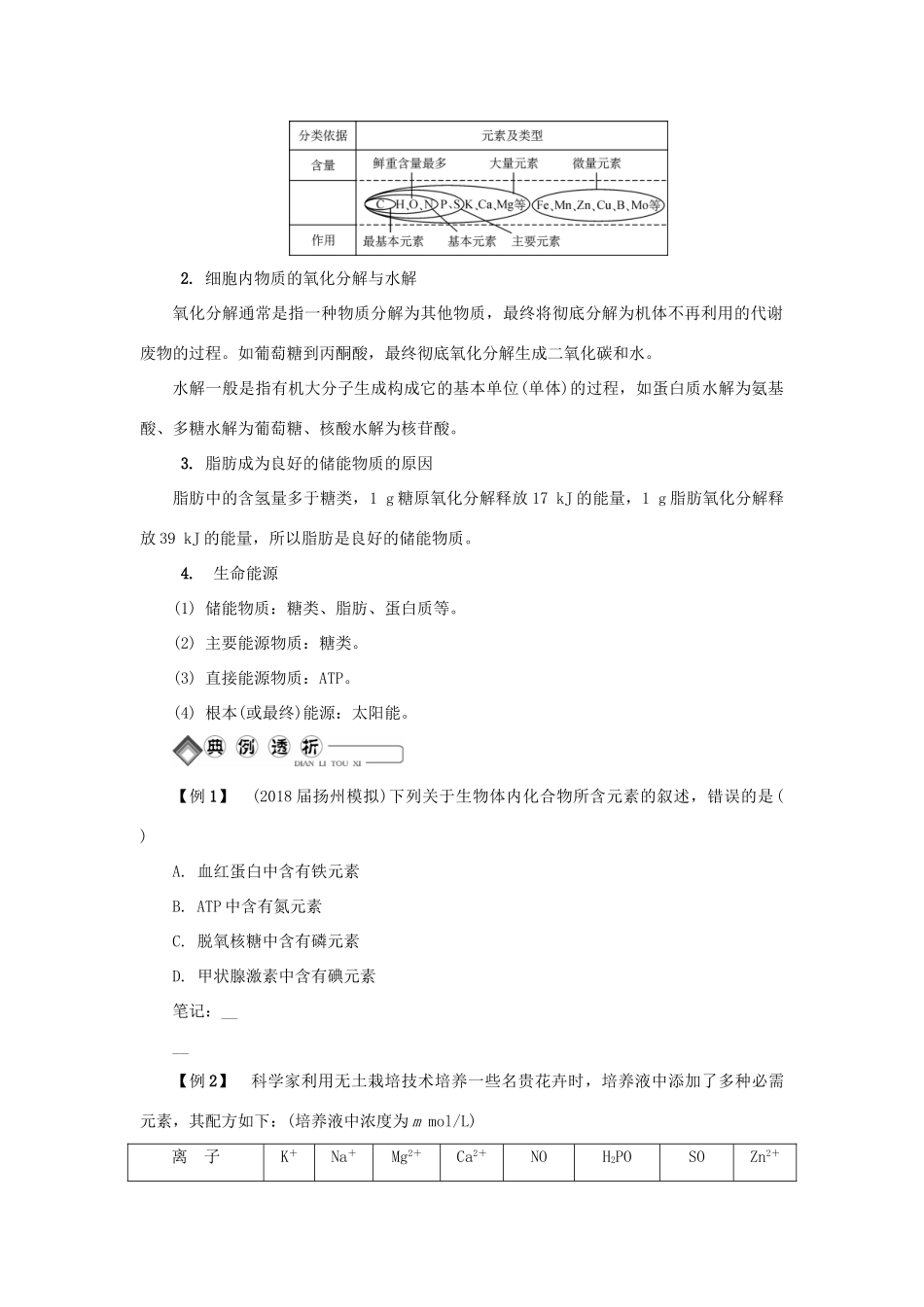 高中生物 第一讲 水、无机盐、糖、脂质学案 苏教版必修1-苏教版高中必修1生物学案_第3页