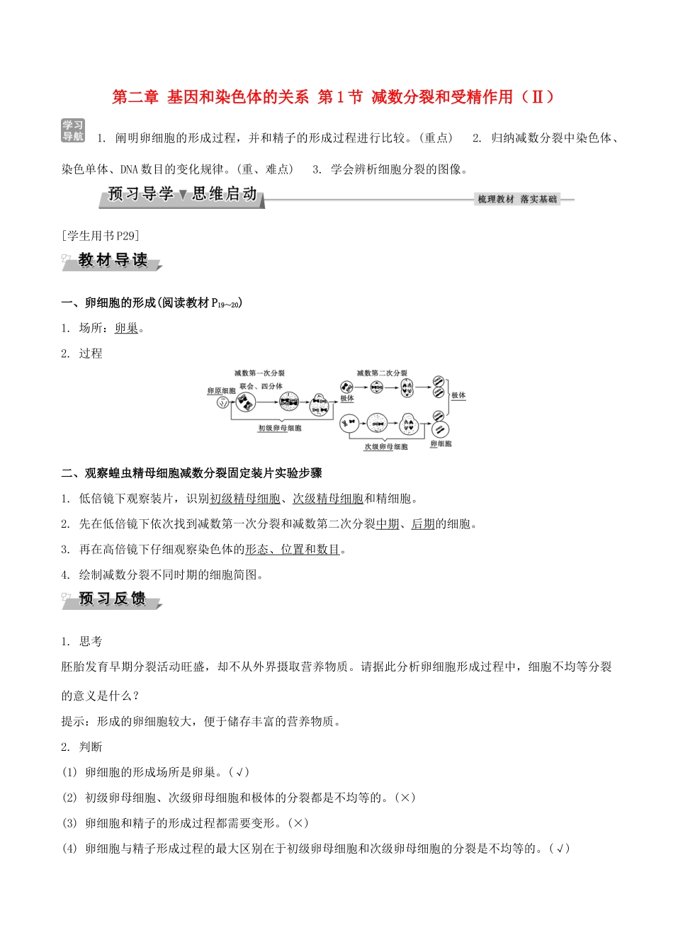 高中生物 第二章 基因和染色体的关系 第1节 减数分裂和受精作用（Ⅱ）导学案 新人教版必修2-新人教版高一必修2生物学案_第1页