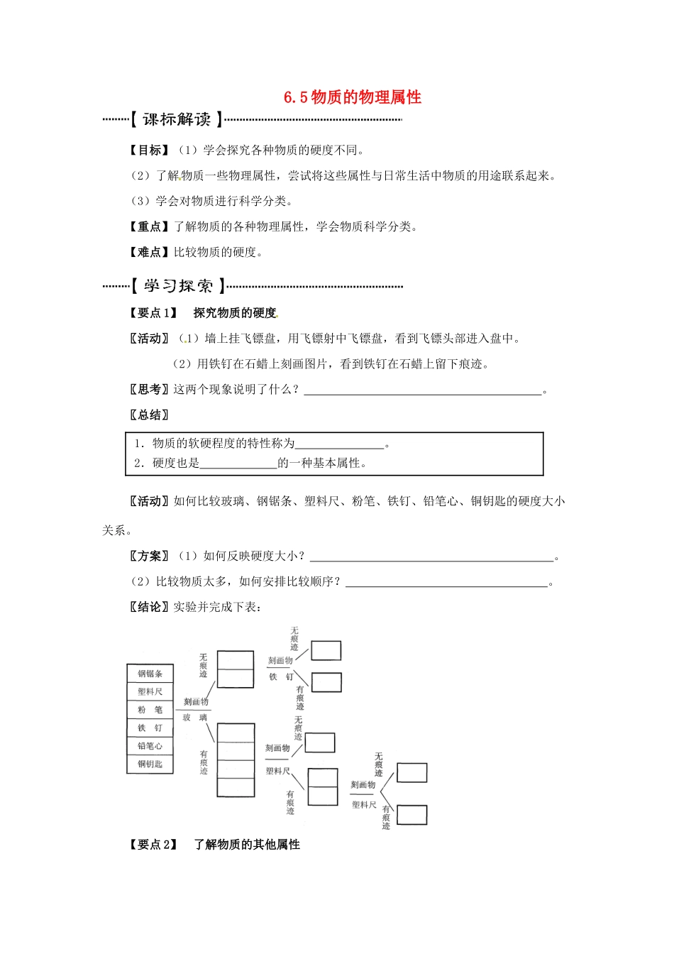 2014年春八年级物理下册 6.5 物质的物理属性学案一（无答案） 苏科版_第1页