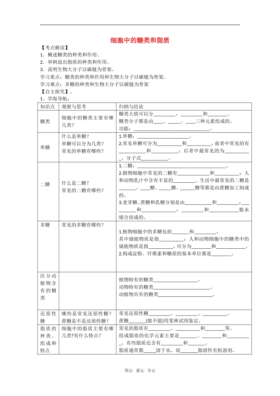 高中生物：2.4《细胞中的糖类和脂质》学案（1）（新人教版必修1）_第1页