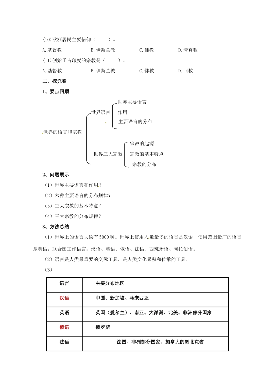 辽宁省凌海市七年级地理上册 4.2 世界的语言和宗教导学案 （新版）新人教版-（新版）新人教版初中七年级上册地理学案_第2页