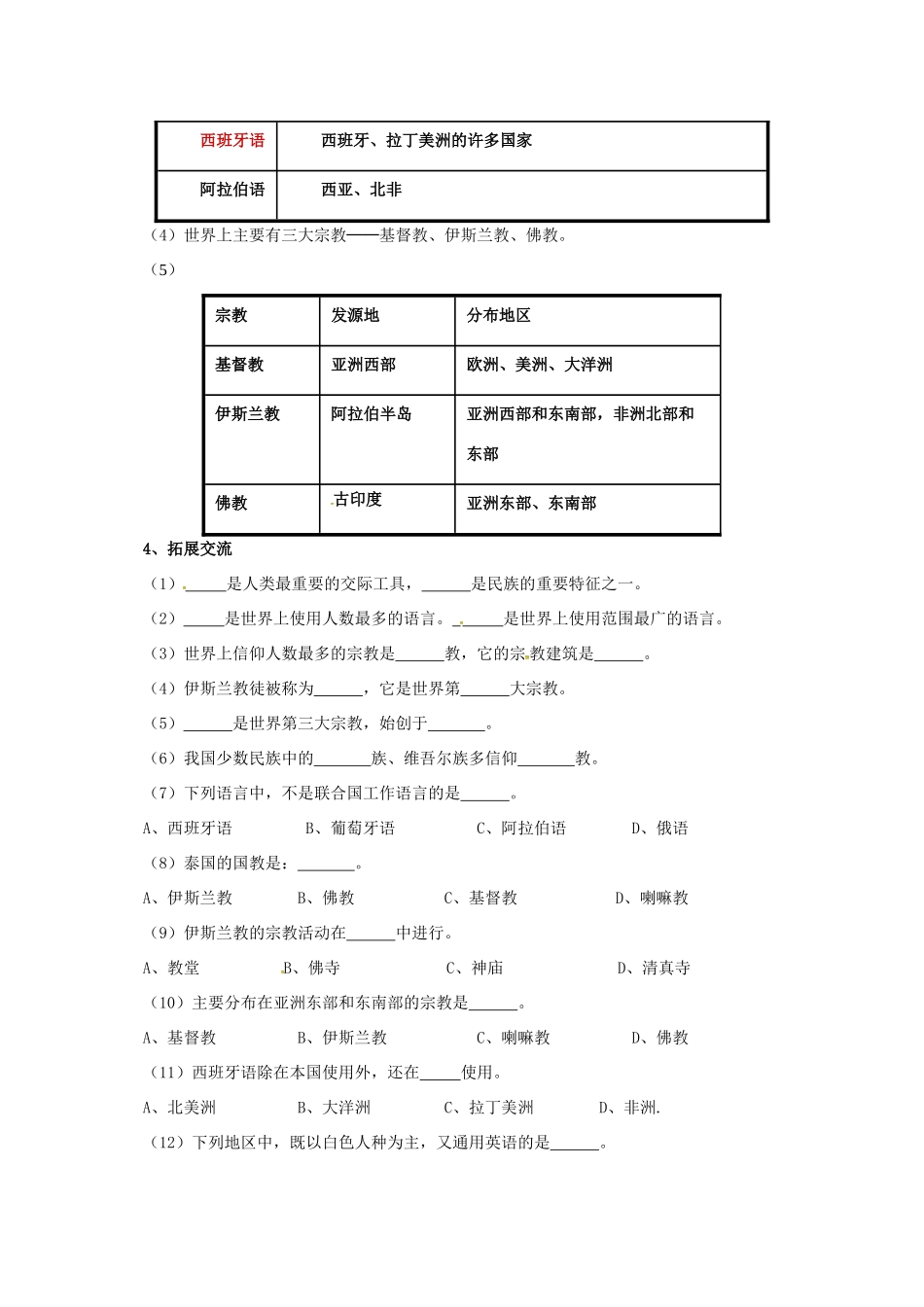 辽宁省凌海市七年级地理上册 4.2 世界的语言和宗教导学案 （新版）新人教版-（新版）新人教版初中七年级上册地理学案_第3页