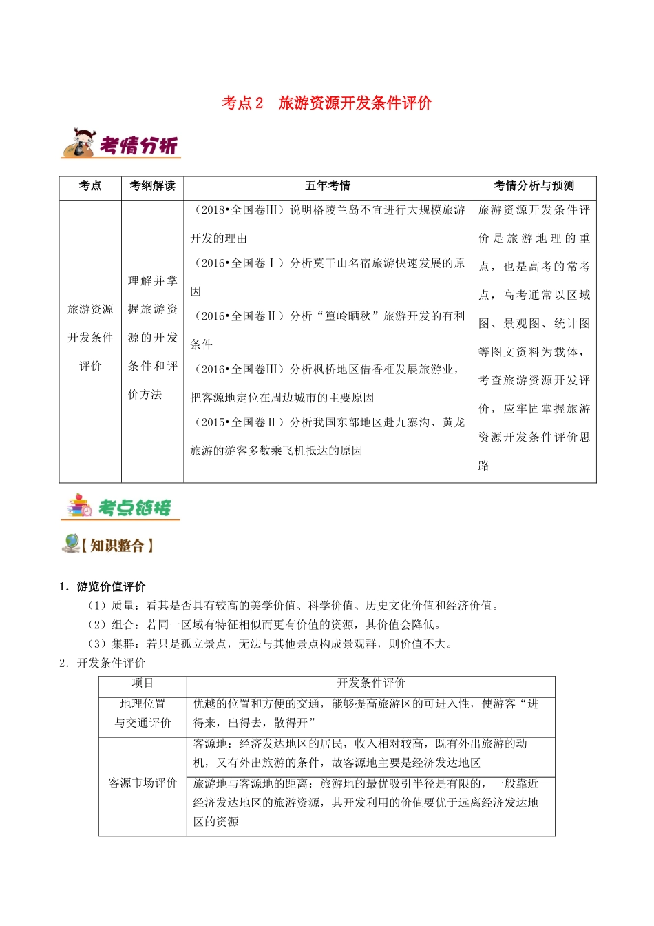 备战高考地理 旅游地理五大考点全通关 专题02 旅游资源开发条件评价学案-人教版高三全册地理学案_第1页