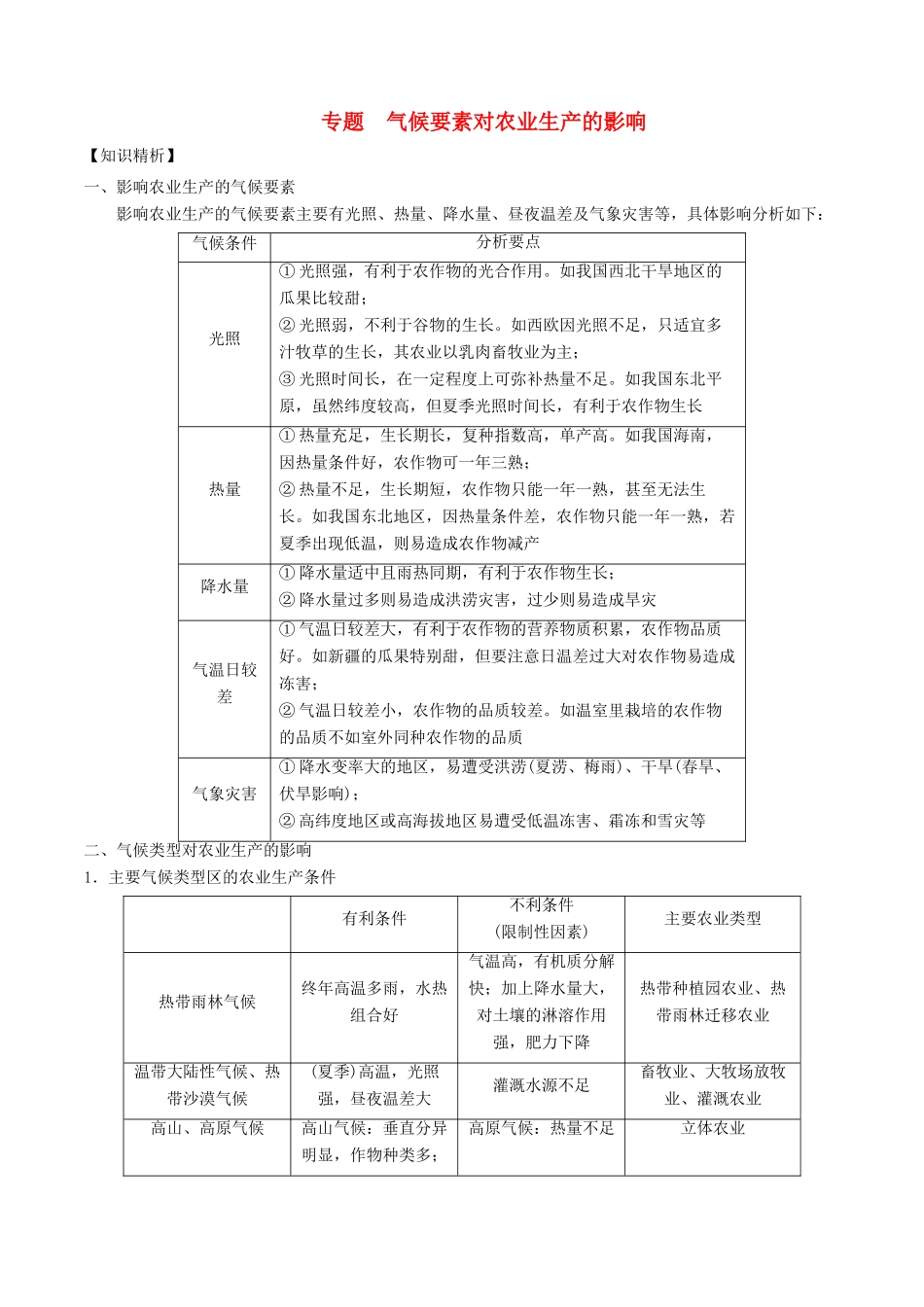高考地理二轮复习微专题要素探究与设计 专题2.7 气候要素对农业生产的影响学案-人教版高三全册地理学案_第1页