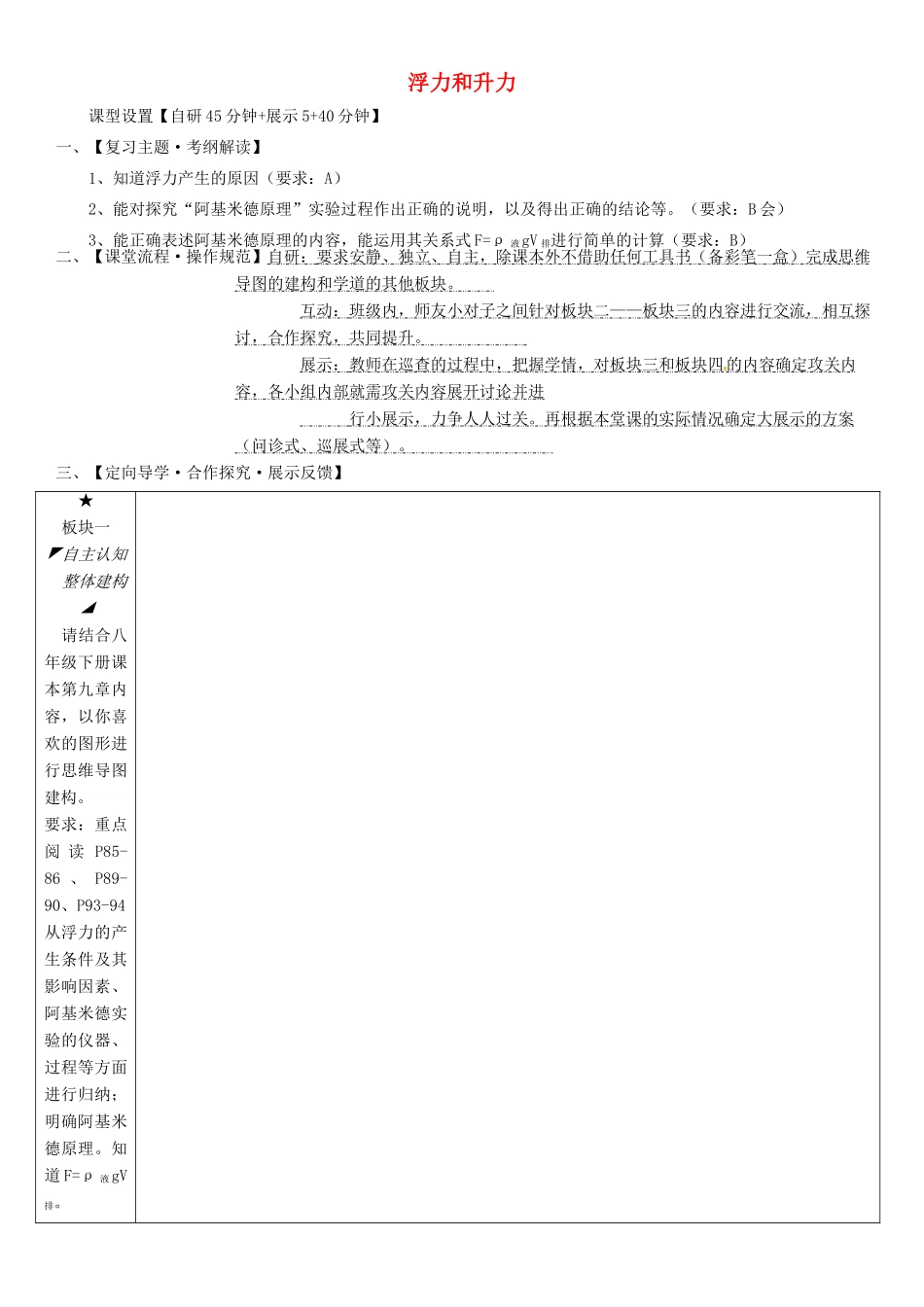 安徽省铜陵市中考物理 浮力和升力复习学案-人教版初中九年级全册物理学案_第1页