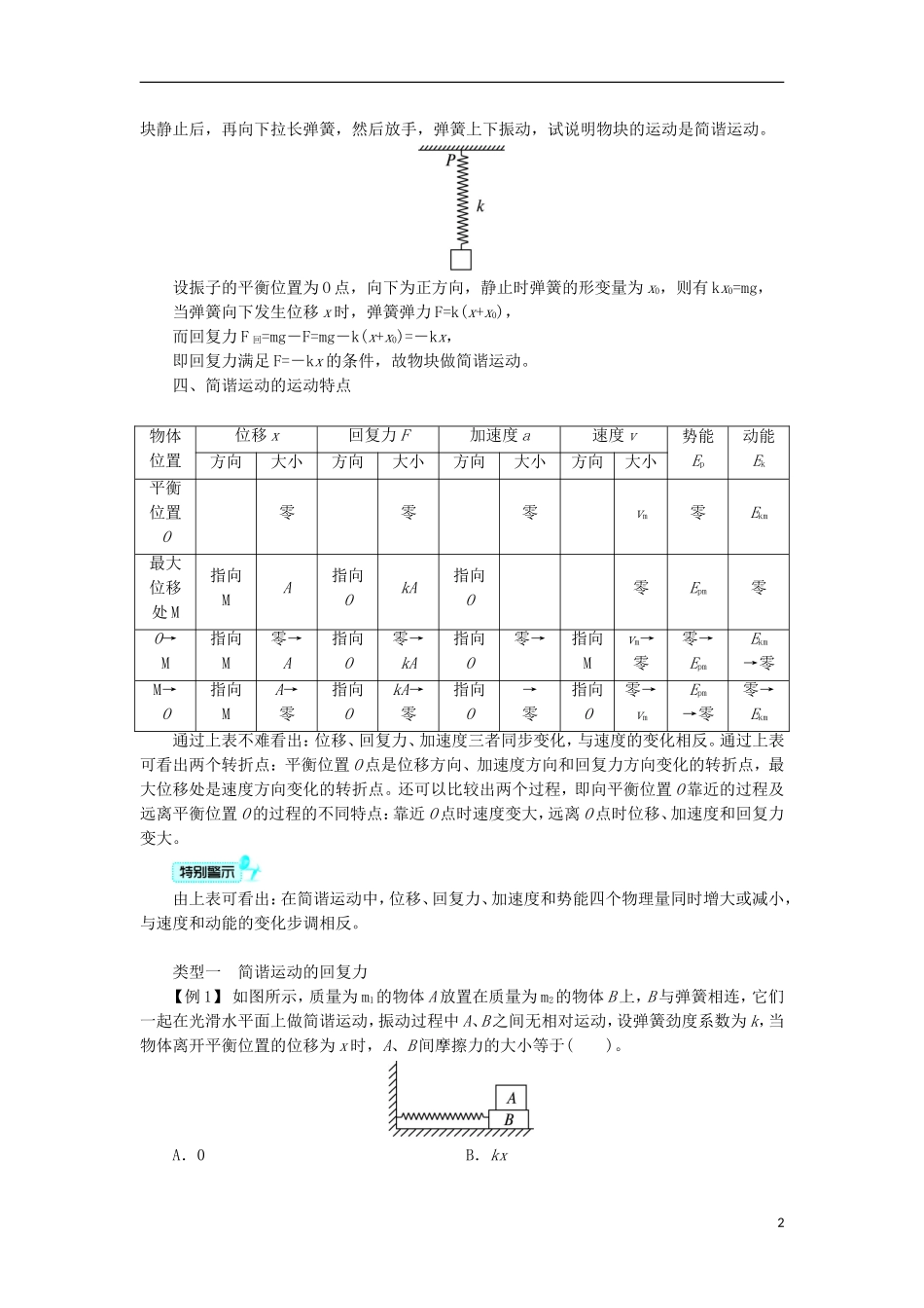 高中物理 第十一章 机械振动 3 简谐运动的回复力和能量课堂探究学案 新人教版选修3-4-新人教版高二选修3-4物理学案_第2页