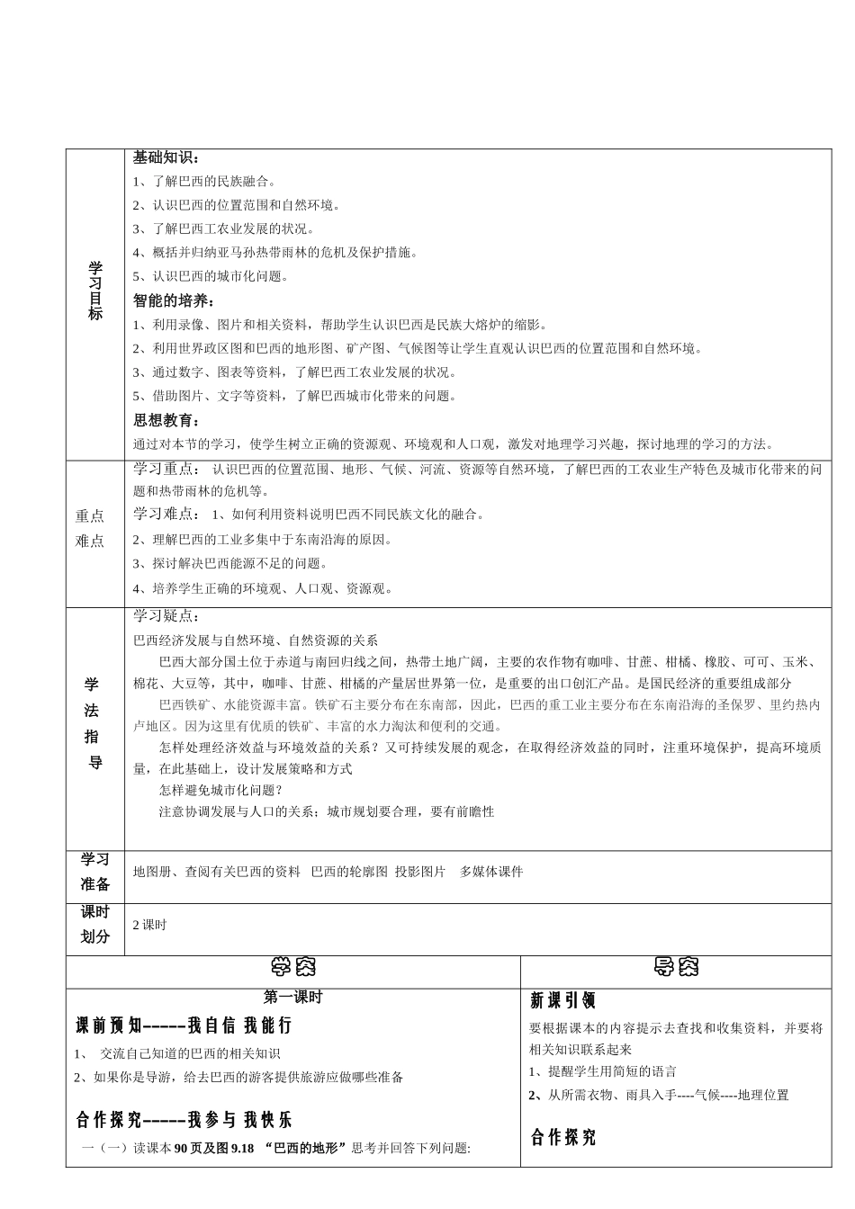 七年级地理下册 第九章第二节《巴西》导学案 人教新课标版_第2页