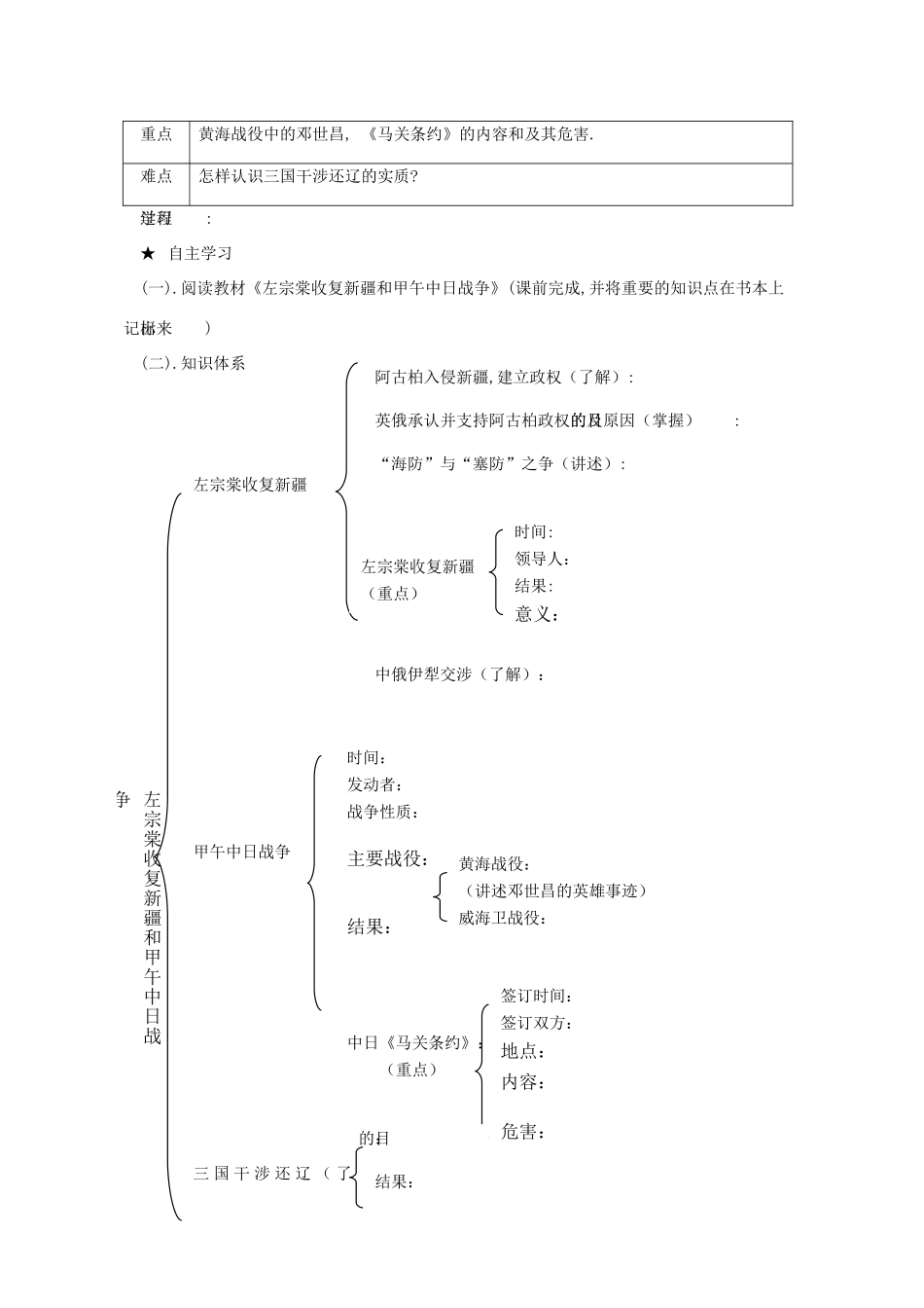 重庆市綦江县隆盛中学八年级历史《左宗棠收复新疆和甲午中日战争》学案 （无答案）_第2页