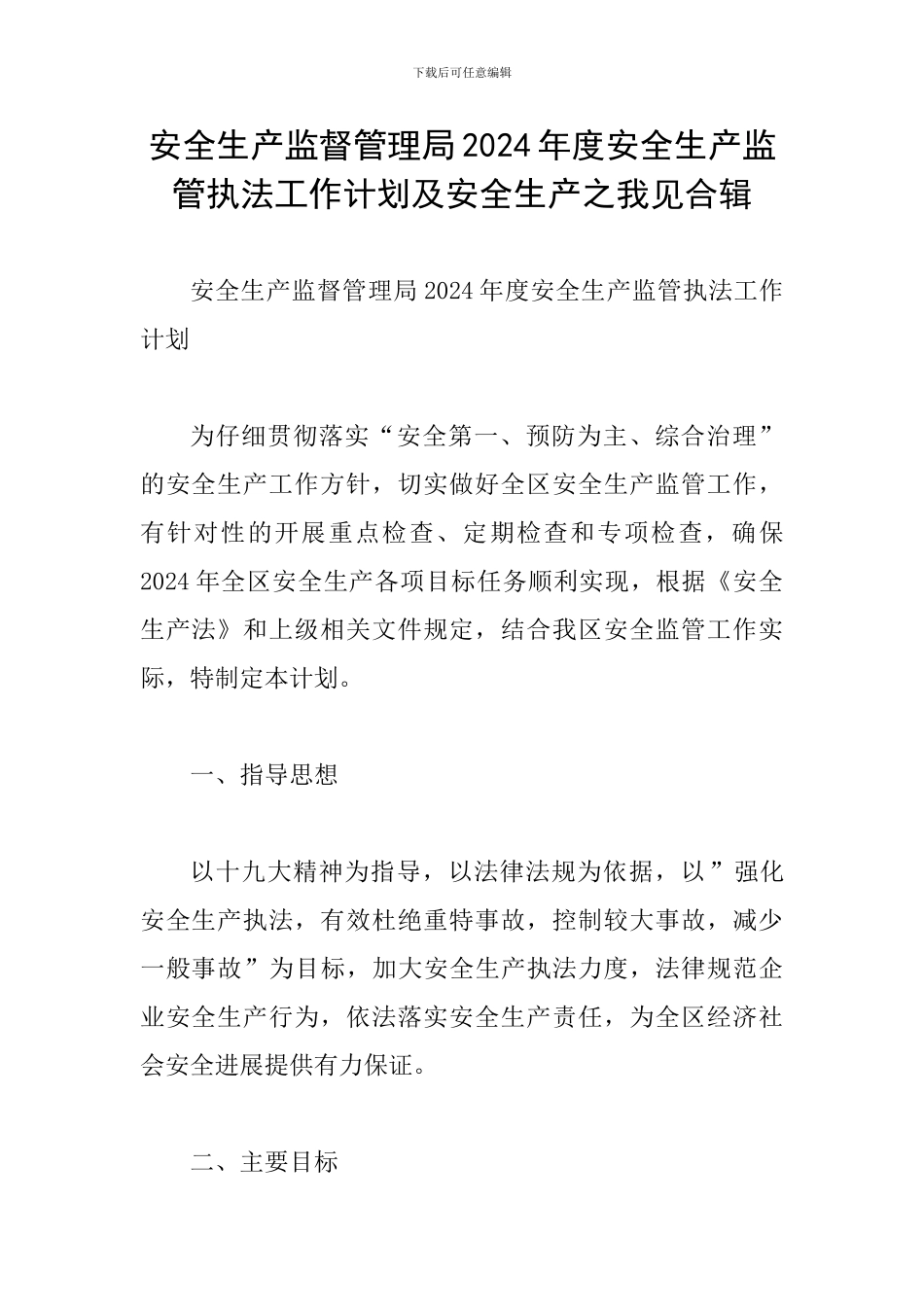 安全生产监督管理局2024年度安全生产监管执法工作计划及安全生产之我见合辑_第1页