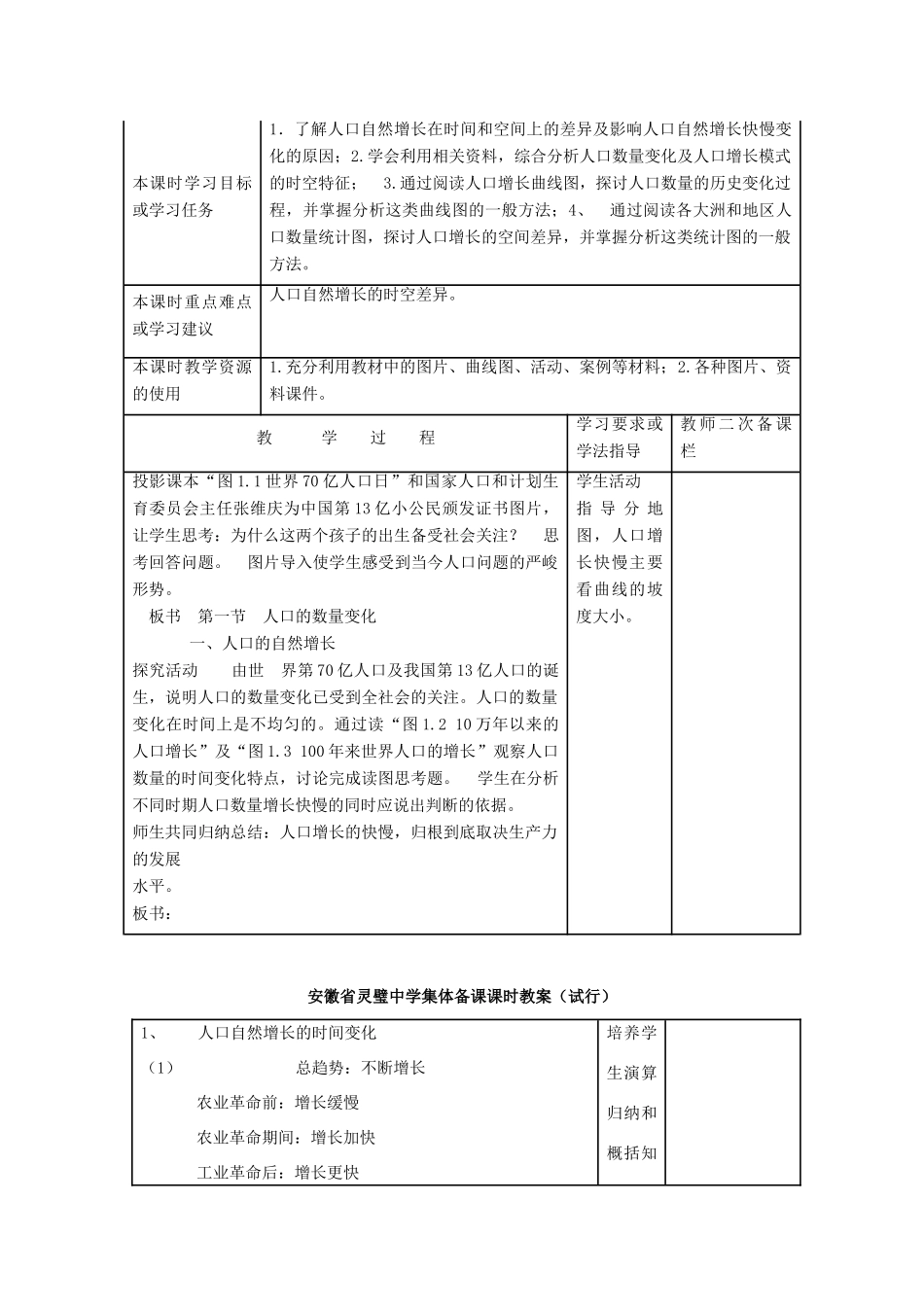 安徽省灵璧中学高一地理 人口的数量变化（一）导学案_第1页