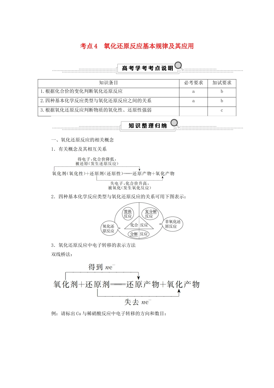 （浙江选考）高考化学大一轮复习 第2讲 化学反应 考点4 氧化还原反应基本规律及其应用学案-人教版高三全册化学学案_第1页