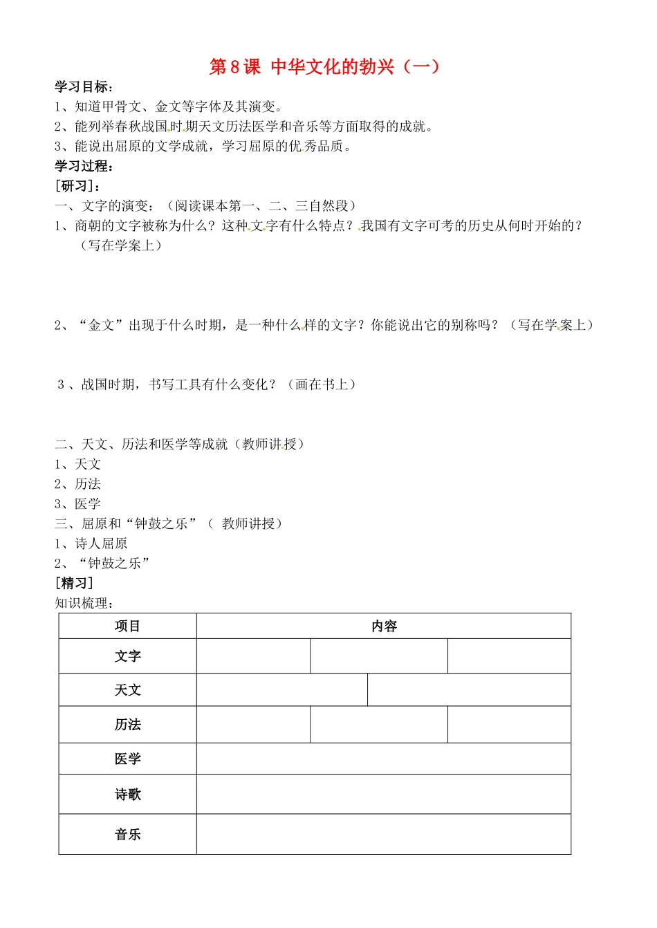 吉林省通化市外国语中学七年级历史上册 第8课 中华文化的勃兴（一）学案（无答案） 新人教版_第1页