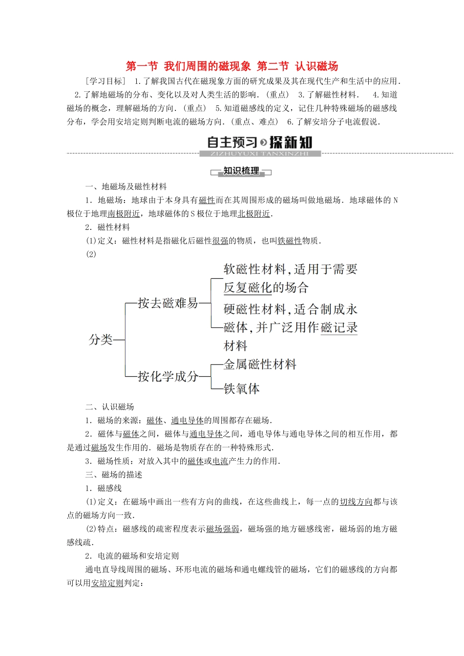 高中物理 第3章 磁场 第1节 我们周围的磁现象 第2节 认识磁场学案 粤教版选修3-1-粤教版高中选修3-1物理学案_第1页