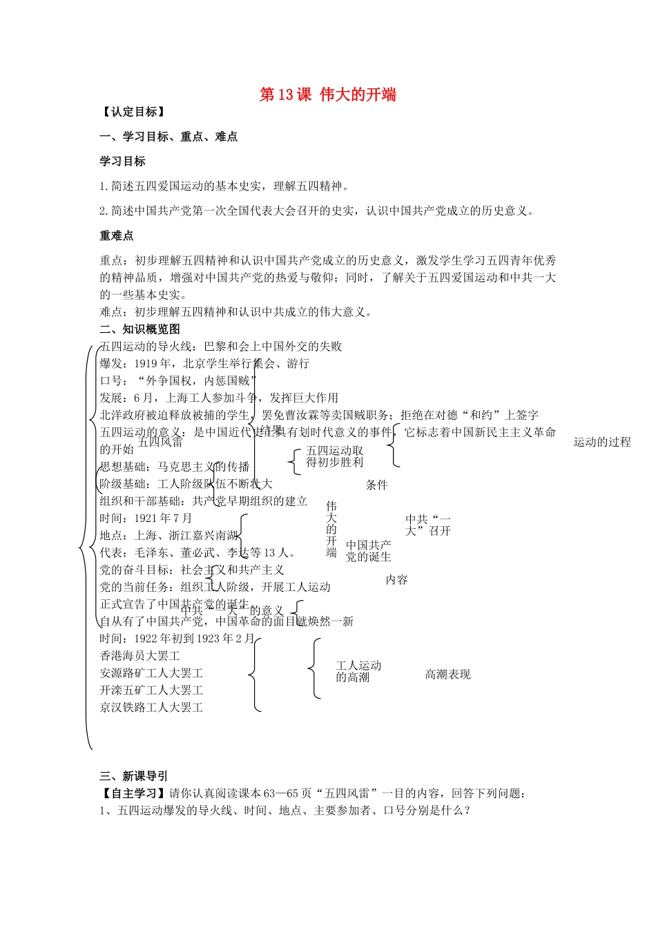 八年级历史上册 第13课 伟大的开端学案 北师大版-北师大版初中八年级上册历史学案_第1页