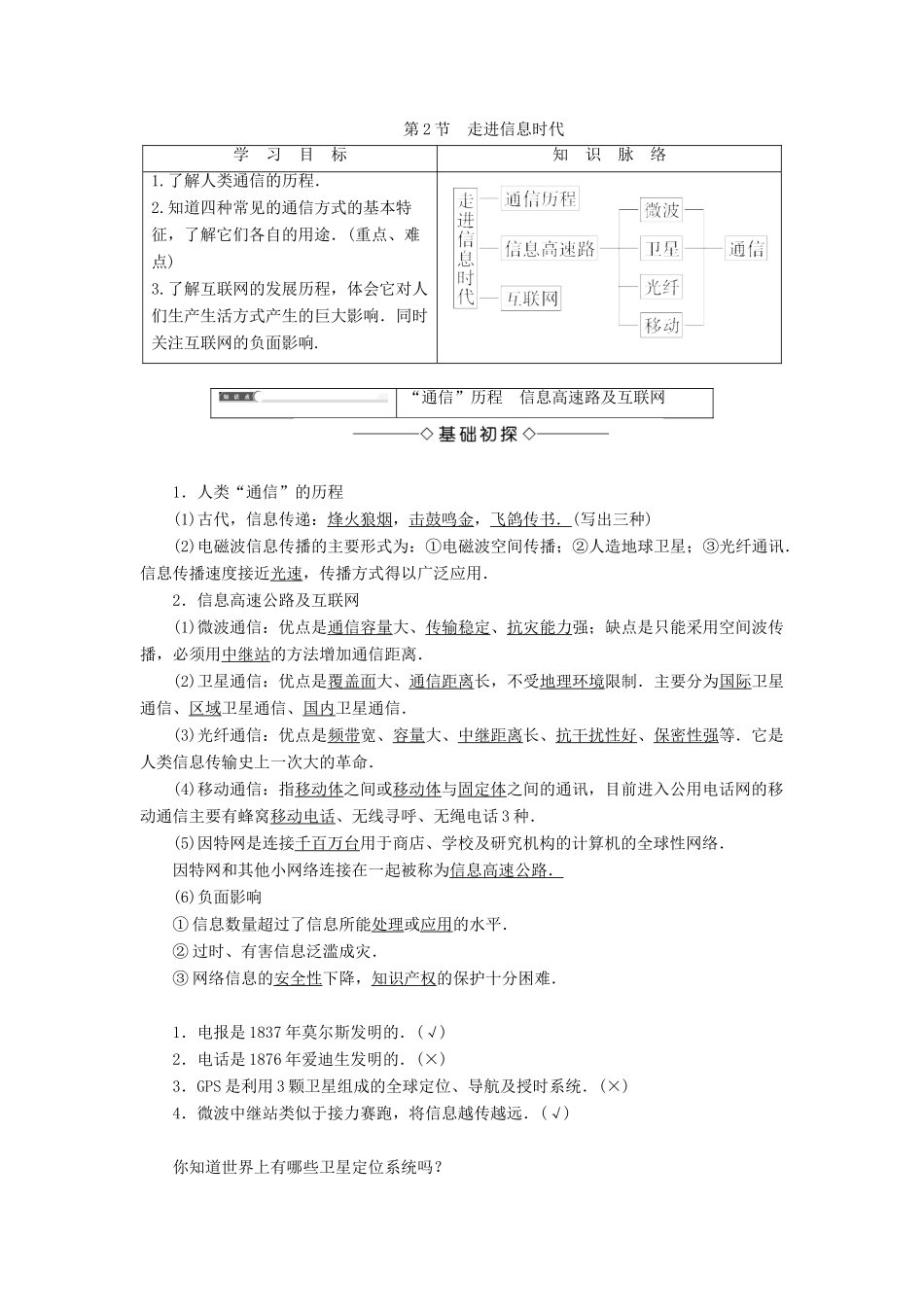 高中物理 第6章 电磁波与信息时代 第2节 走进信息时代学案 鲁科版选修1-1-鲁科版高二选修1-1物理学案_第1页