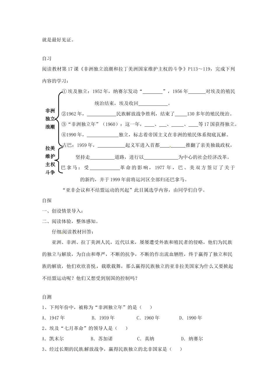 重庆市涪陵第十一中学九年级历史下册 第17课 非洲独立浪潮和拉丁美洲学案（无答案） 川教版_第3页