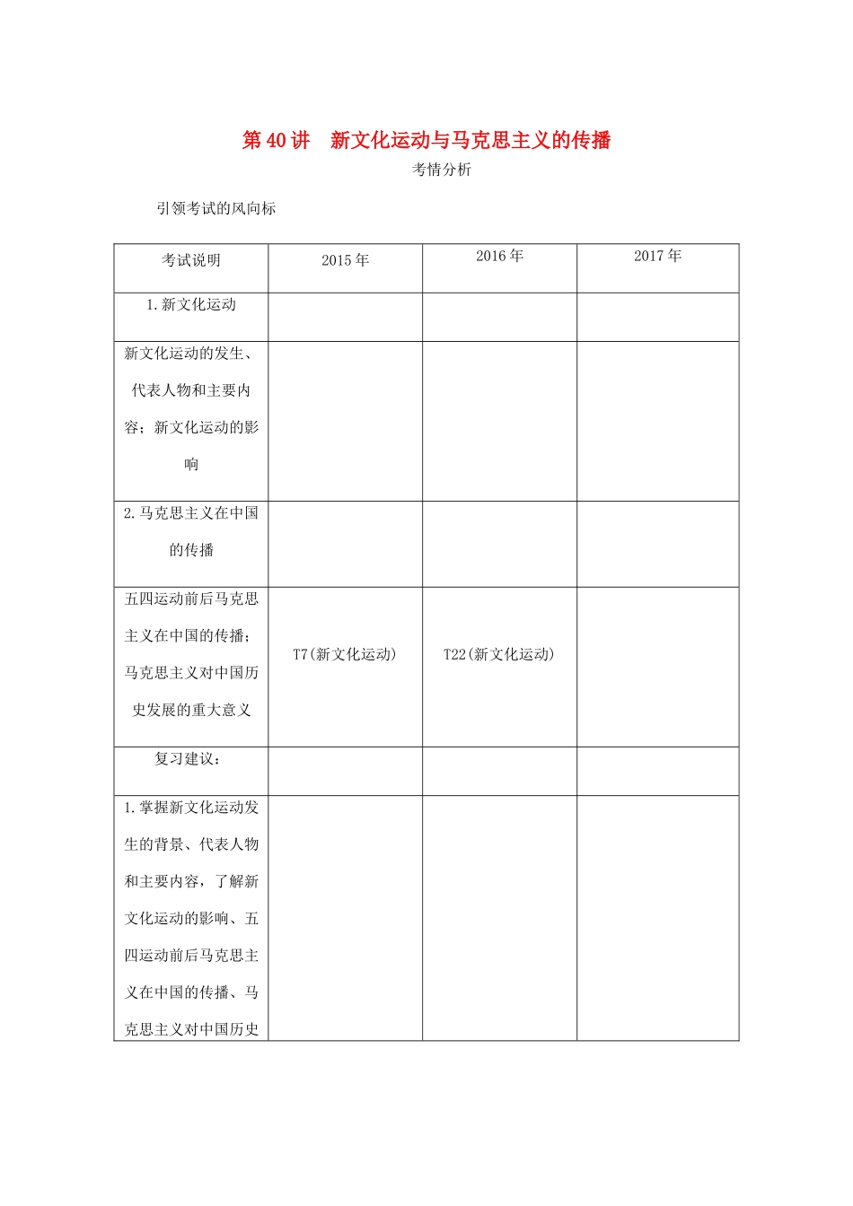 （江苏专版）高考历史总复习 第二十单元 近代中国的思想解放潮流 第40讲 新文化运动与马克思主义的传播学案-人教版高三全册历史学案_第1页
