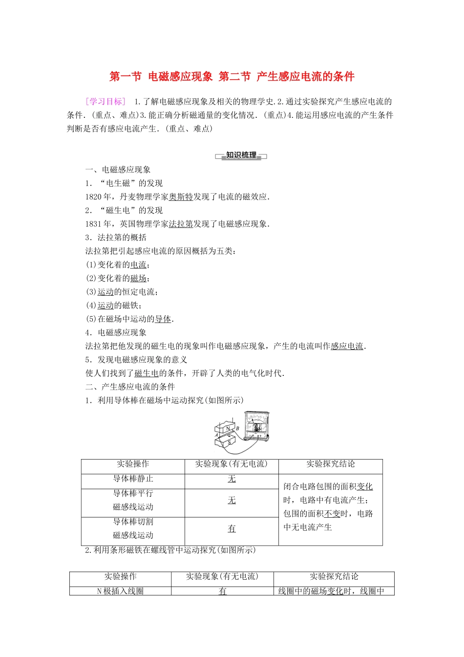 高中物理 第1章 电磁感应 第1节 电磁感应现象 第2节 产生感应电流的条件学案 粤教版选修3-2-粤教版高中选修3-2物理学案_第1页