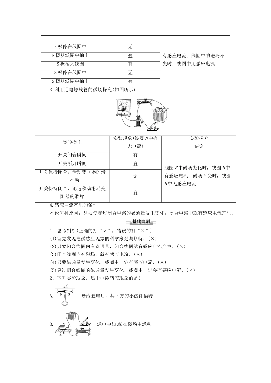 高中物理 第1章 电磁感应 第1节 电磁感应现象 第2节 产生感应电流的条件学案 粤教版选修3-2-粤教版高中选修3-2物理学案_第2页