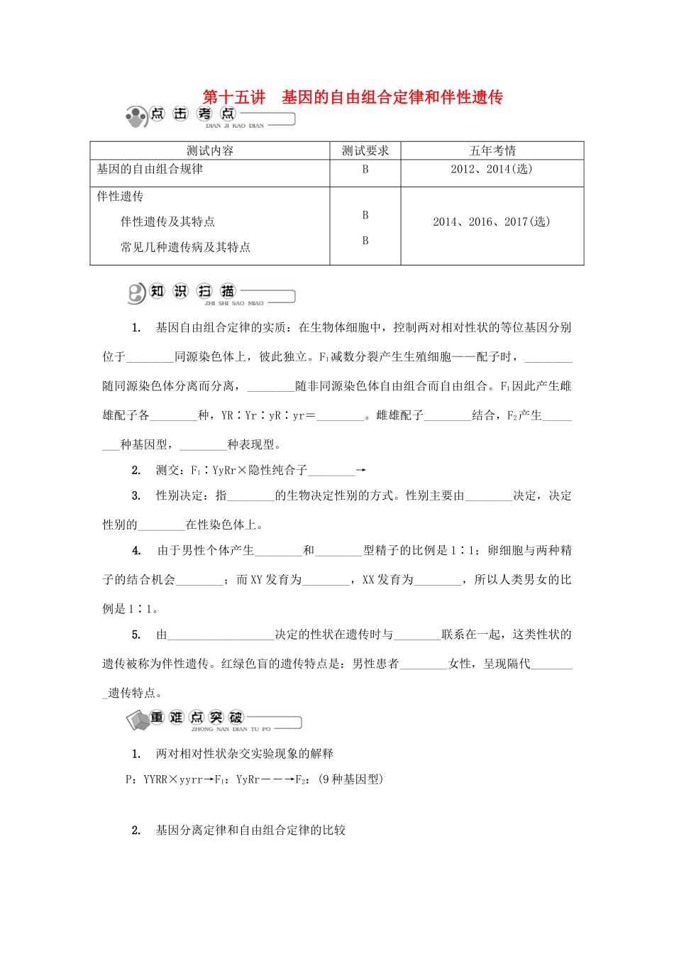 高中生物 第十五讲 基因的自由组合定律和伴性遗传学案 苏教版必修2-苏教版高二必修2生物学案_第1页