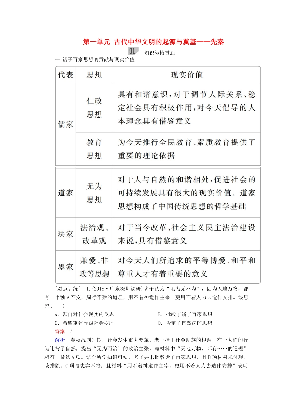 （通史版）高考历史一轮复习 第一部分 第一单元 古代中华文明的起源与奠基——先秦单元整合学案（含解析）人民版-人民版高三全册历史学案_第1页
