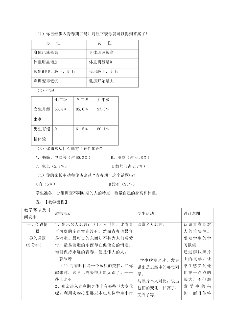 2014年秋八年级生物上册 第4单元 第3章 第2节 青春期发育教案1 （新版）济南版_第2页