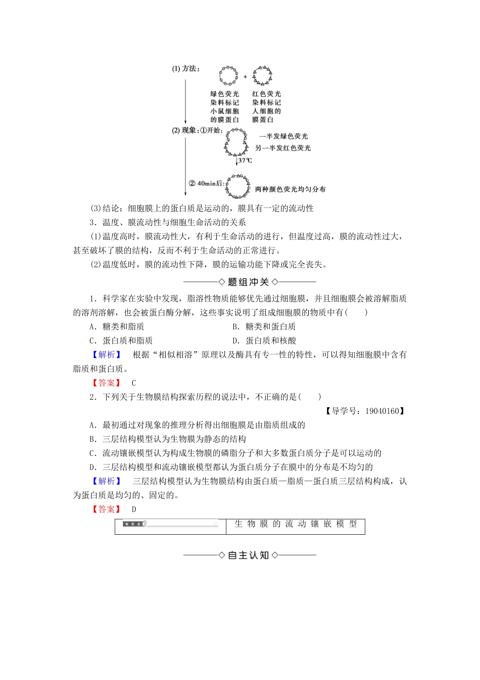 高中生物 第四章 细胞的物质输入和输出 第2节 生物膜的流动镶嵌模型学案 新人教版必修1-新人教版高一必修1生物学案_第3页