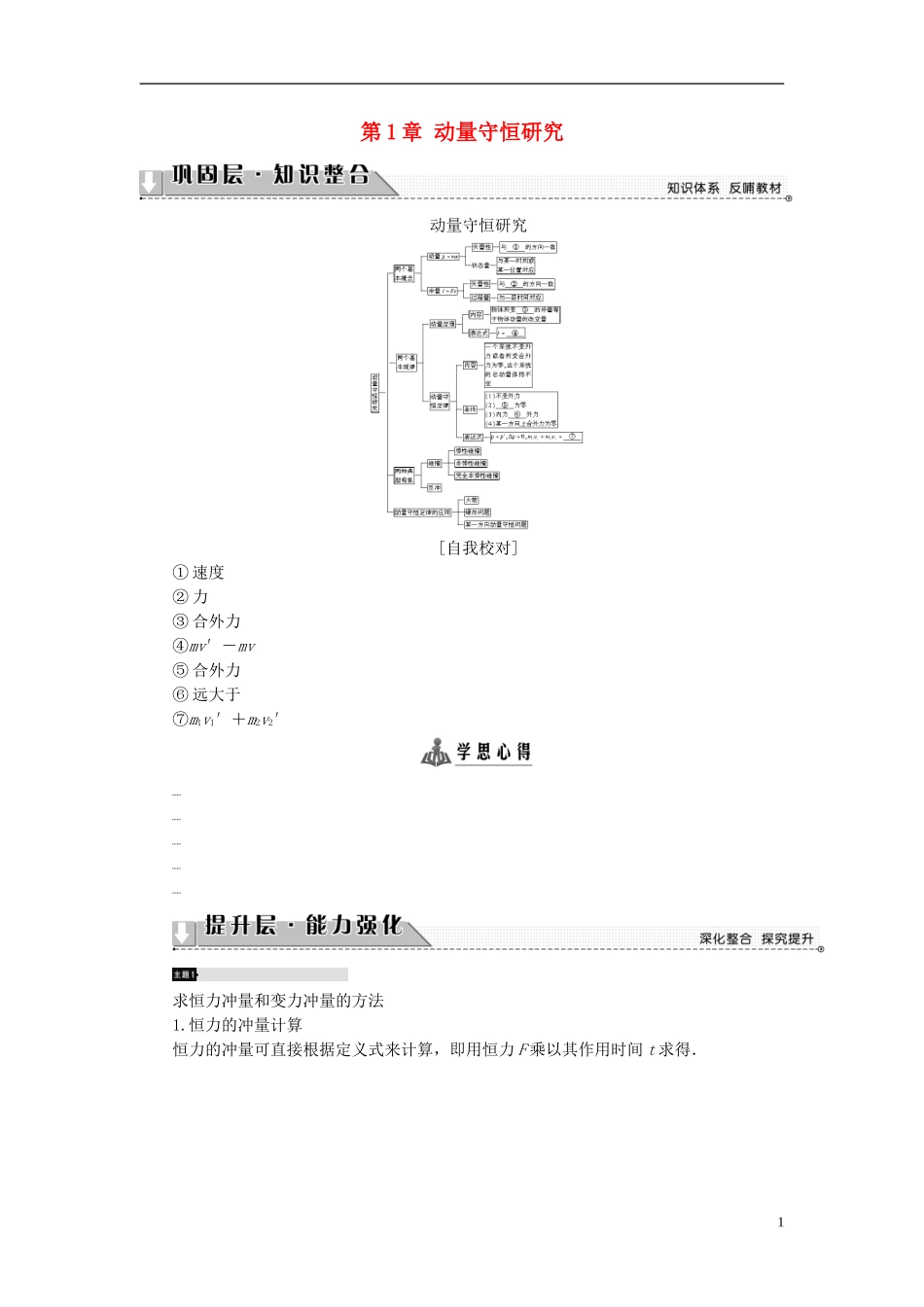 高中物理 第1章 动量守恒研究章末分层突破教师用书 鲁科版选修3-5-鲁科版高二选修3-5物理学案_第1页