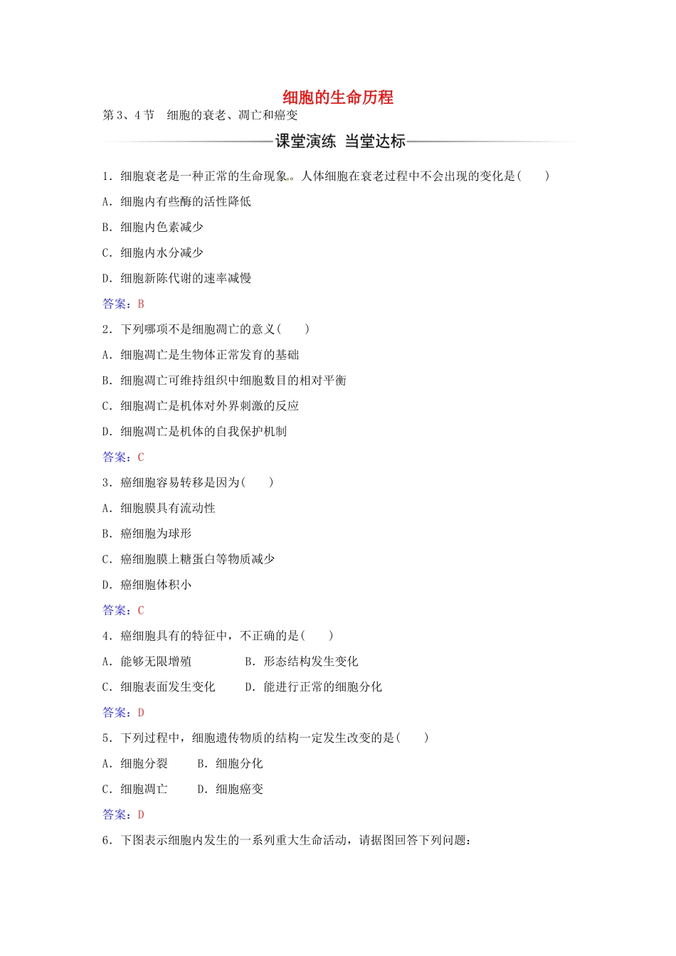 高中生物 第6章 第3-4节 细胞的衰老、凋亡和癌变练习 新人教版必修1-新人教版高一必修1生物学案_第1页