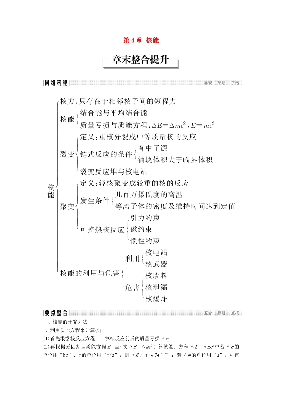 高中物理 第4章 核能章末整合提升学案 鲁科版选修3-5-鲁科版高二选修3-5物理学案_第1页