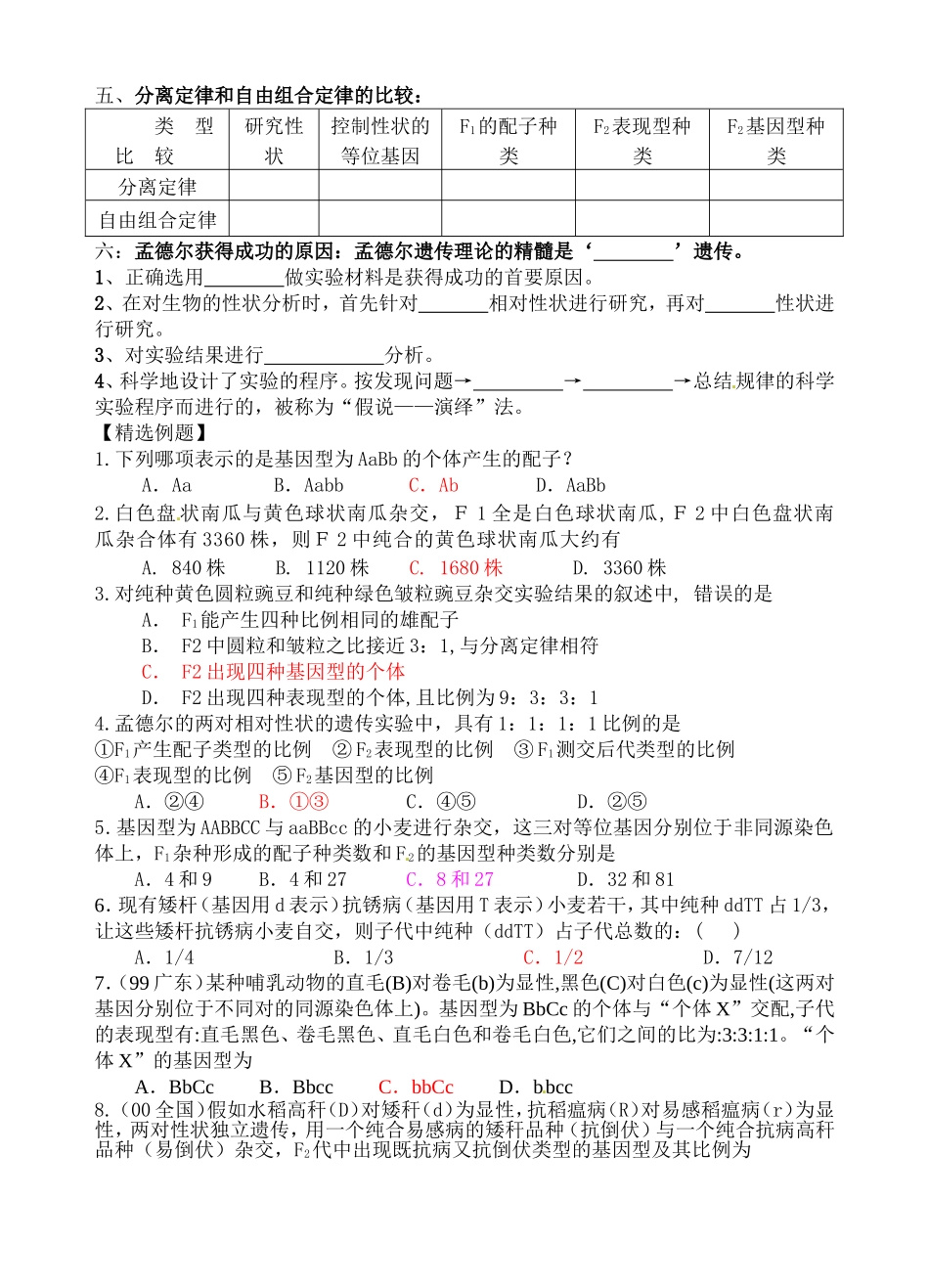 高中生物：2-2 自由组合定律 学案浙科版必修2_第3页