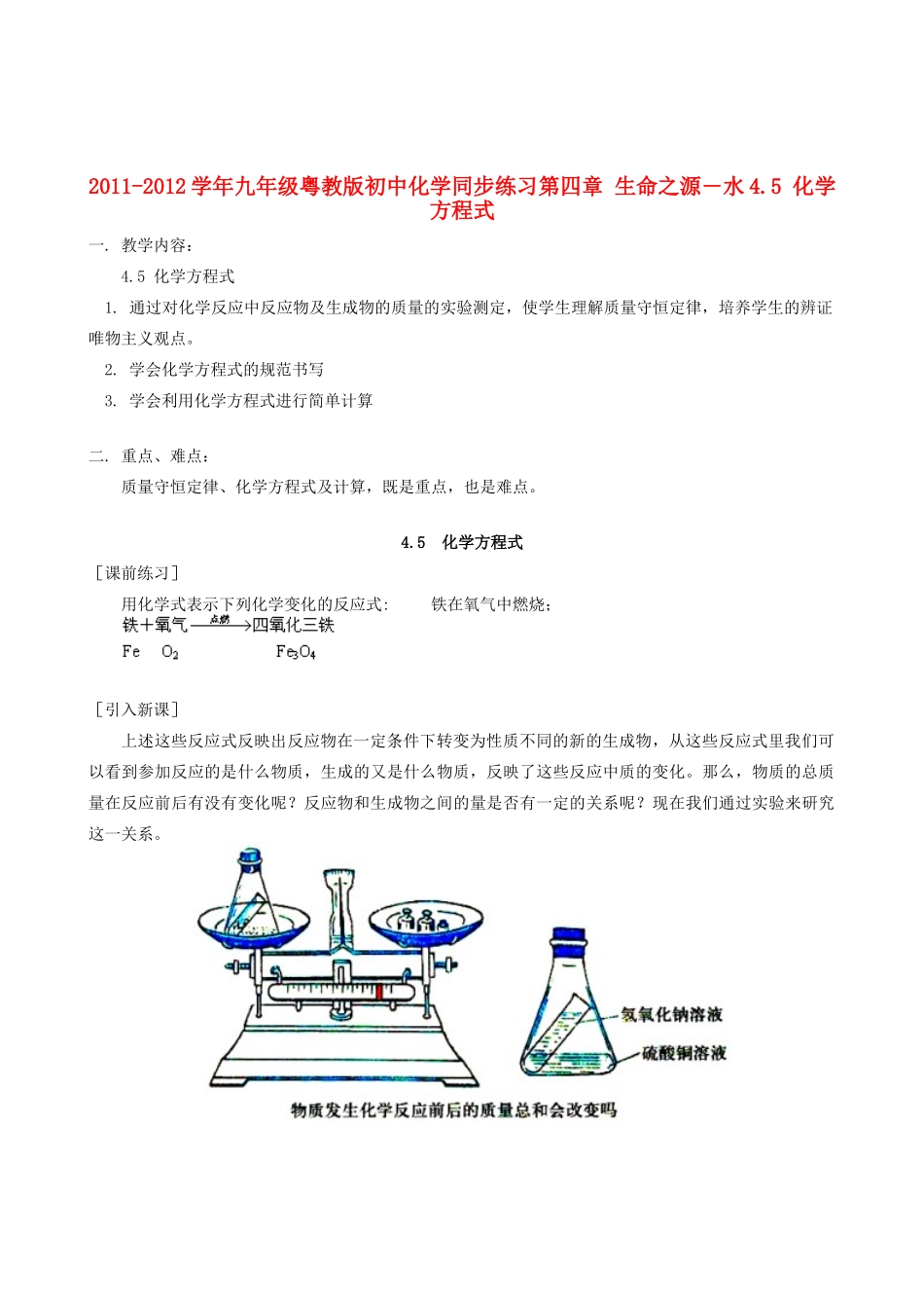 2011-2012学年九年级化学 4.5 化学方程式教案  粤教版_第1页