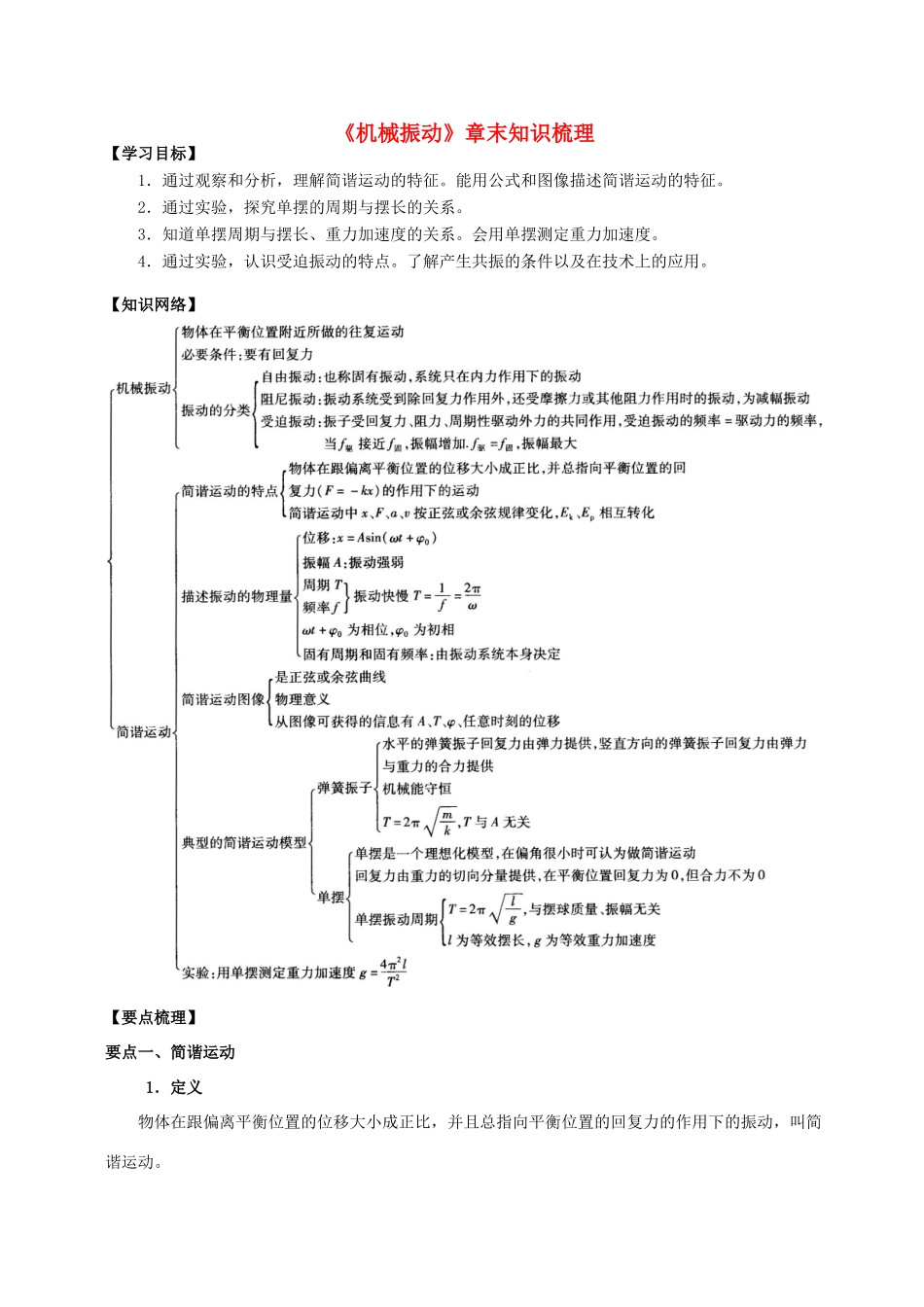 高中物理 第1章 机械振动章末知识梳理学案 教科版选修3-4-教科版高二选修3-4物理学案_第1页